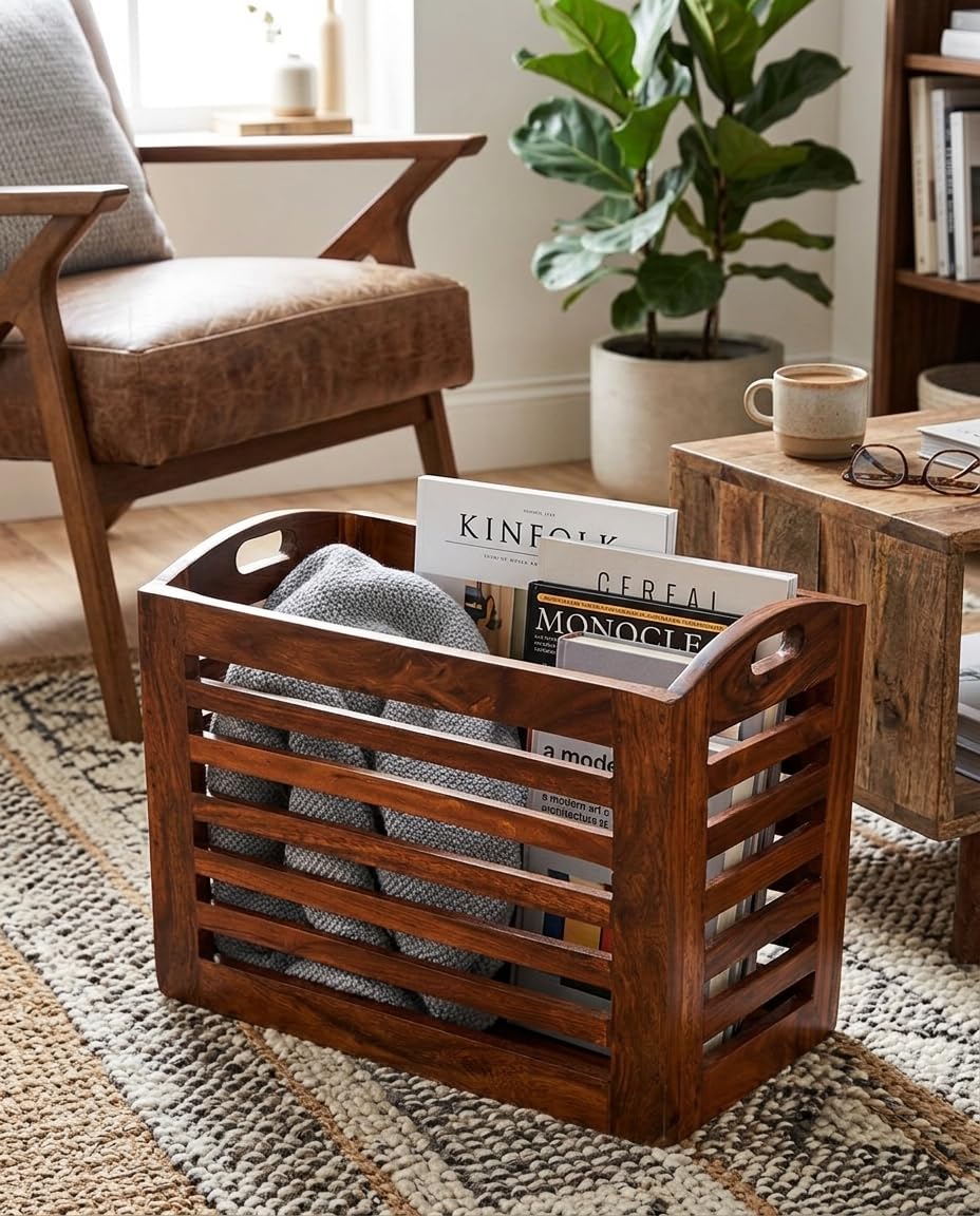 Wooden Magazine Rack | Sheesham Wood Storage Basket | Office Furniture - Furniture Deal-picture-19