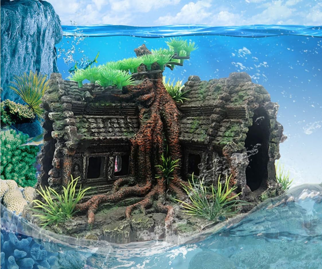 Decoración de Paisaje para pecera de Acuario, Templo Antiguo con Plantas, decoración de Resina, Accesorios para Acuario, 27,5x21x18cm