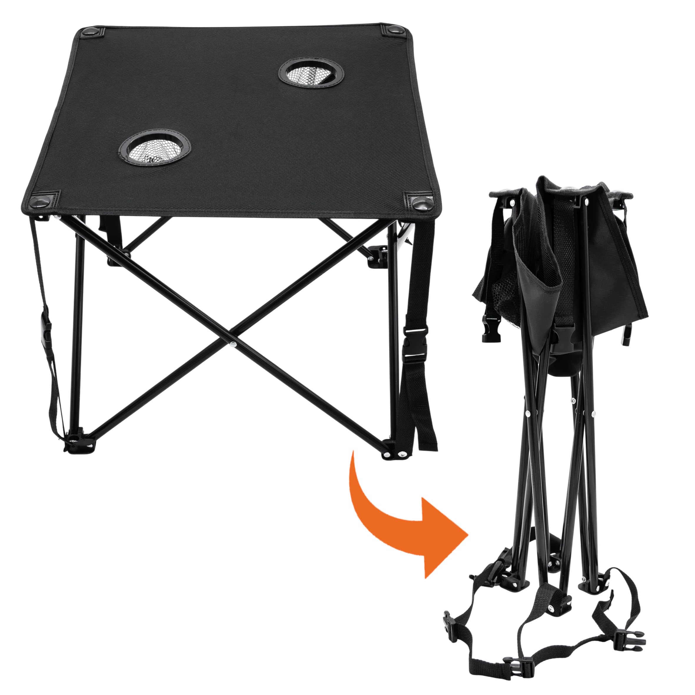 Spetebo Salon de camping noir 1 table + 2 chaises avec supports pour boissons intégrés – 3 pièces – Ensemble de table de jardin avec chaises pliantes jusqu'à 100 kg – Chaise pliable pour pêcheur