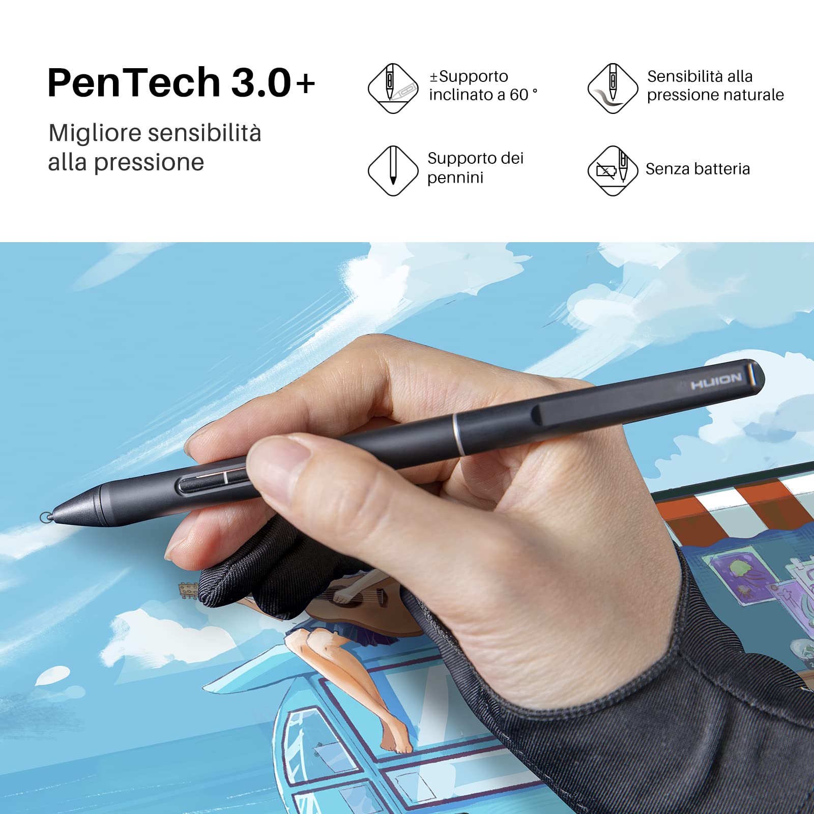 HUION PW550S Sottile Penna Stilo Digitale senza Batteria, Nuova Tecnologia Pentech 3.0+, Impugnatura più Sottile, Sensibilità alla Pressione Più Alta, Maggiore Precisione e Maggiore Compatibilità