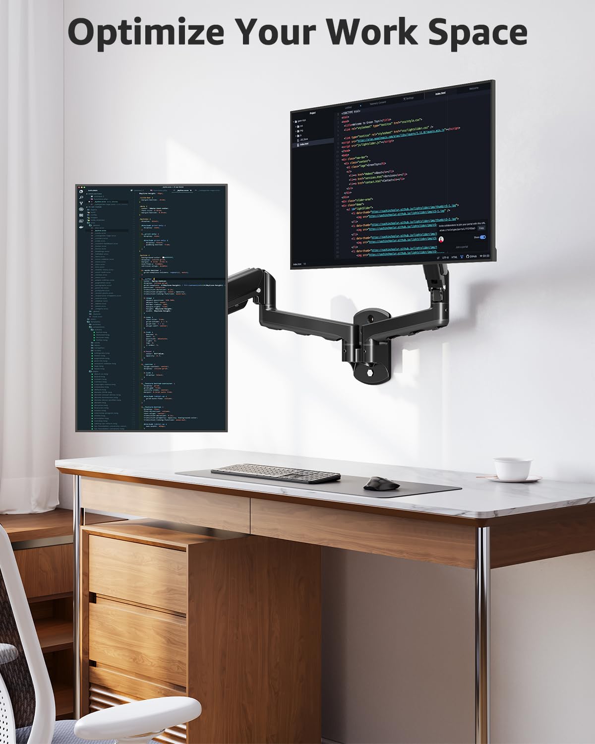 ELIVED Supporto da parete per monitor fino a 9 kg, VESA 75/100 mm, molla a gas PC, monitor Hatlerung a parete, girevole a 360°, doppio supporto per monitor EV6022
