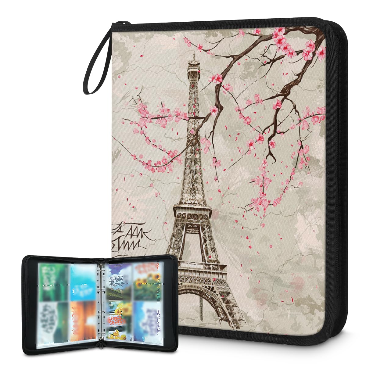 Classeur pour cartes à collectionner 4 pochettes Motif Tour Eiffel Paris avec pochettes amovibles Étanche Capacité 50 pages 400 cartes
