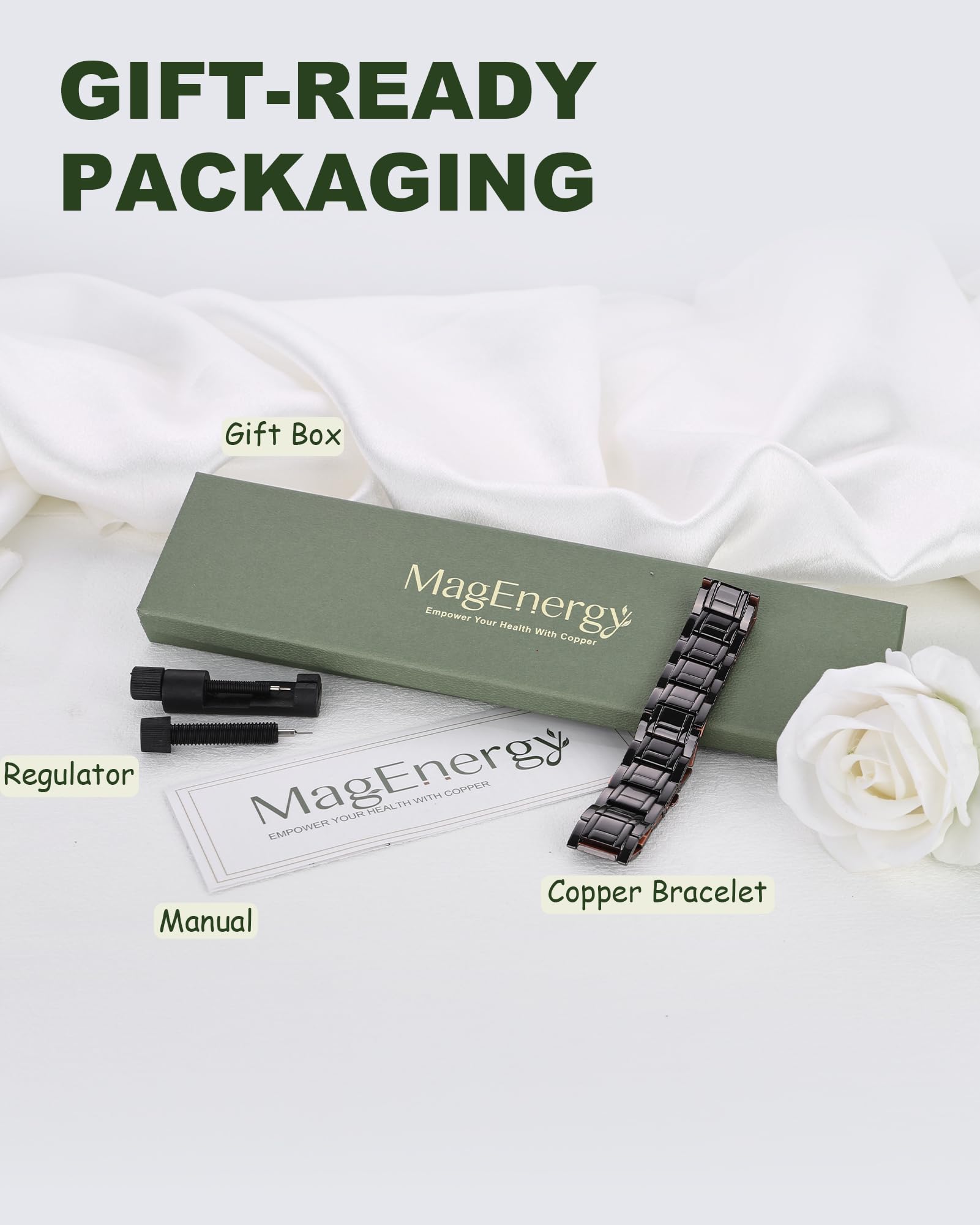 MagEnergy Pulsera de cobre para hombre, pulsera magnética ajustable con herramienta de extracción de eslabones