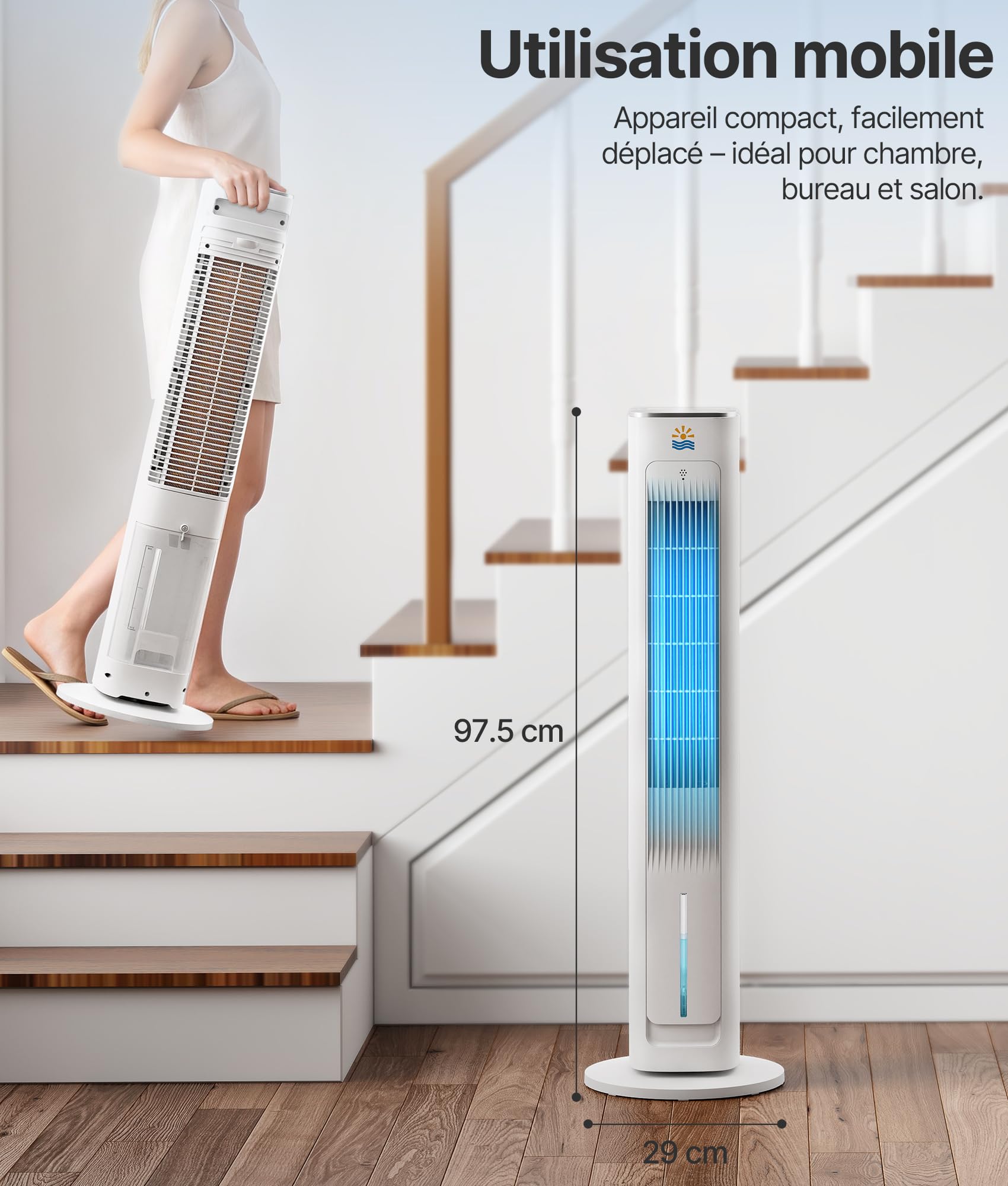Rafraichisseur d'Air Silencieux- Alternative Auclimatiseur Mobile Sans Évacuation, Oscillation 75°, Minuterie 12H, Télécommande, Blanc