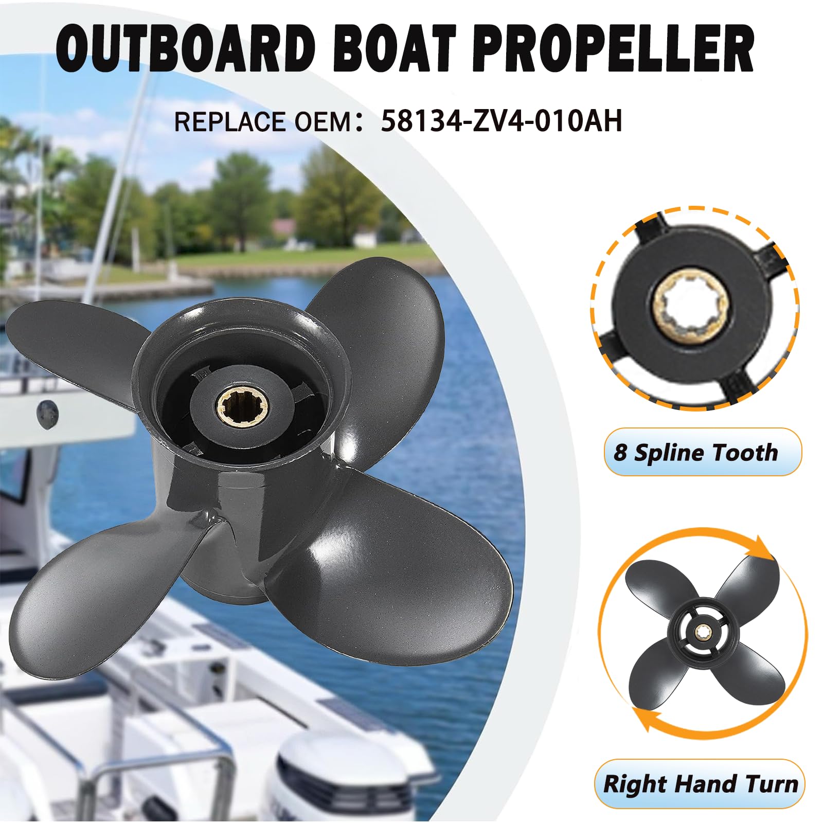 Hélice de bateau hors-bord en aluminium 9 1/4 x 10 pour moteurs Honda 8-20 HP 8 cannelures, pièces OEM n° 58134-ZV4-010AH, HR, 9,25 x 10, hélice, 4 lames