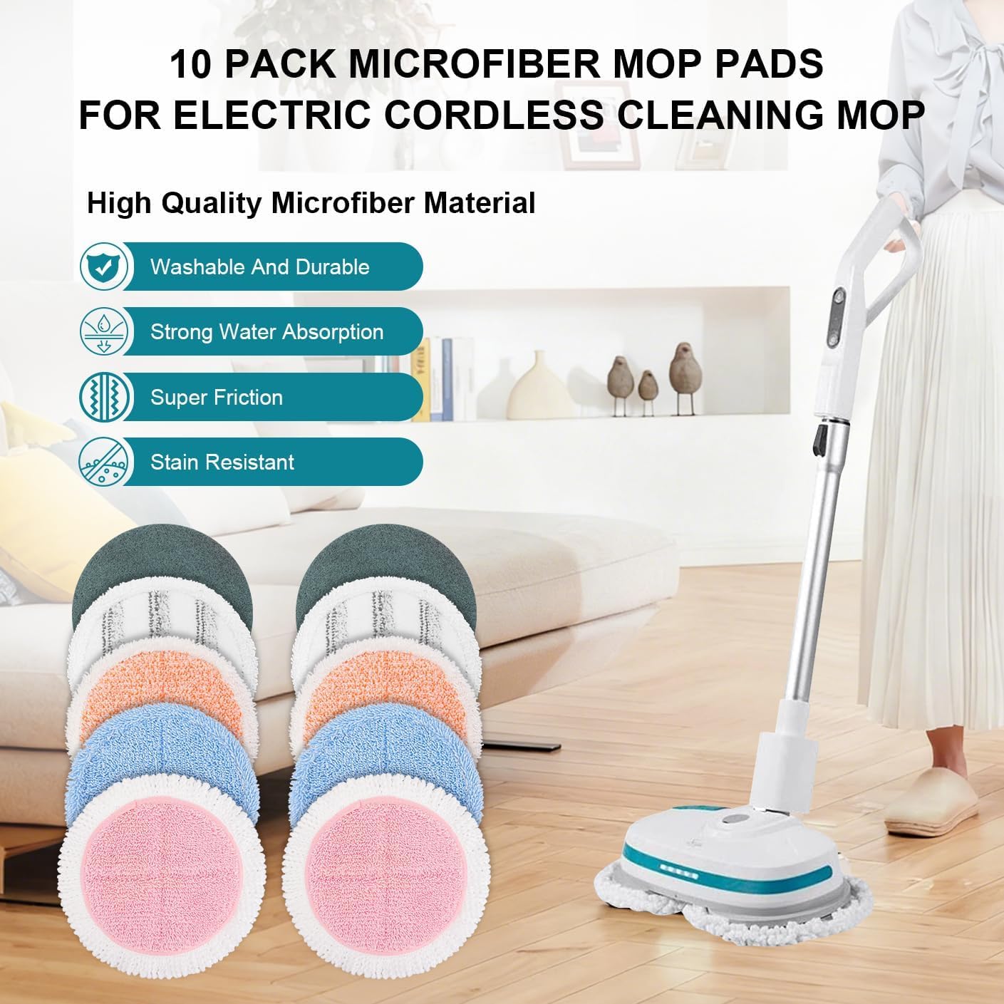 10 Pack Electric Mop Pads, 6.3/6 Inch Spin Power Mop Replacement Pads for bissell/alfabot/vmai/teko/eous/vm6/devoac/kactor/redkey/gobot/devoac/shark- Round Spinwave Spin Mop Pads for Floor Cleaning