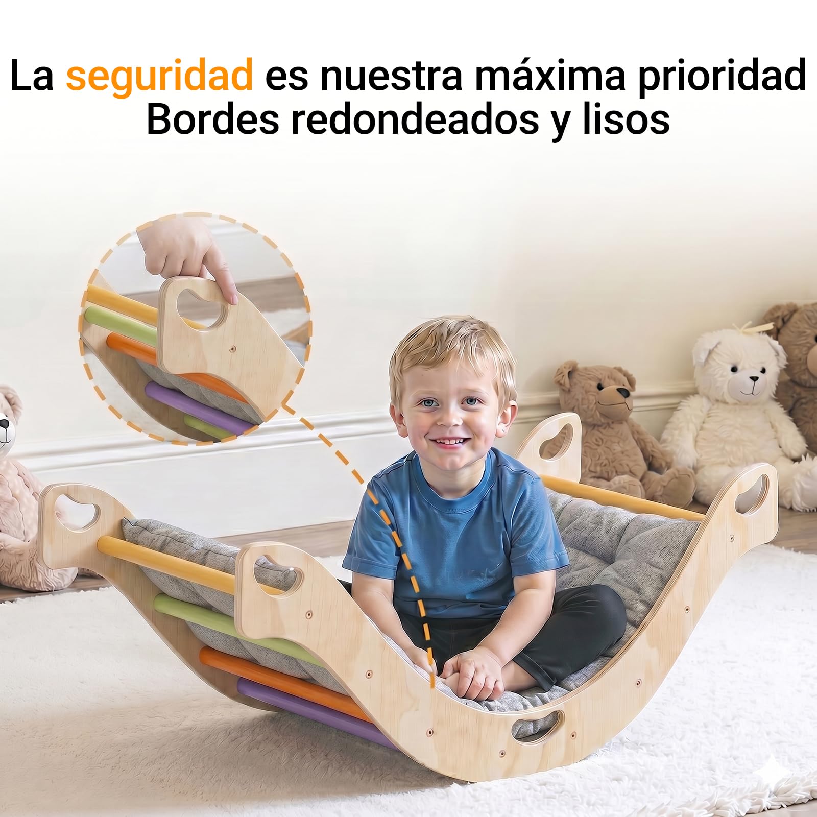 COSYLAND Arco de Escalada Montessori 3 en 1 – Triángulo de Madera Doble Cara, Balancín y Estructura de Actividades para Niños 18 Meses a 6 Años