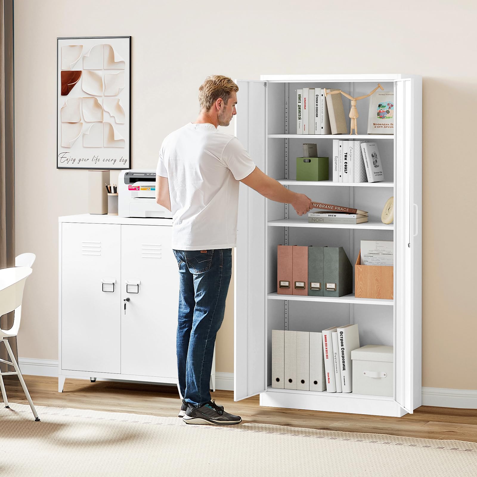 Sightlife Armadio Ufficio in Metallo a 5 Ripiani con 2 Ante, Armadio Garage con Serratura a Chiave, Ripiani Regolabili, L78 x P39 x A170 cm (bianca, 78_x_170_cm)