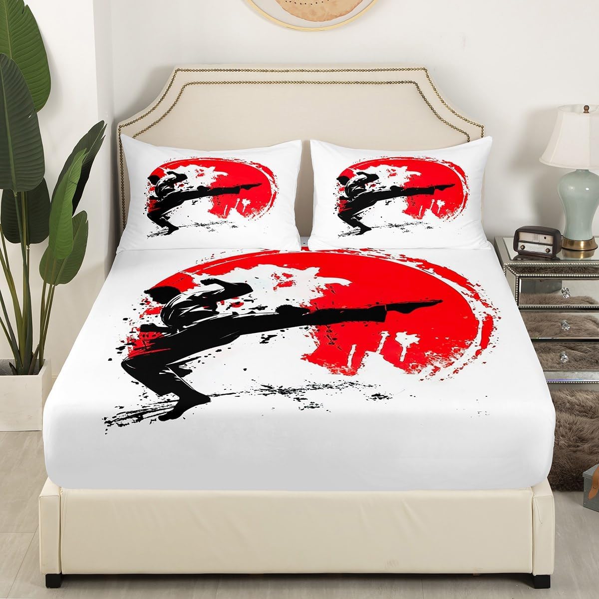 jejeloiu Japanese Style Fitted Sheet Full Size Kids Taekwondo Bed Sheet Set for Boys Girls Teens Red Sun Bedding Set Breathable Bed Cover Room Decor Bed Set
