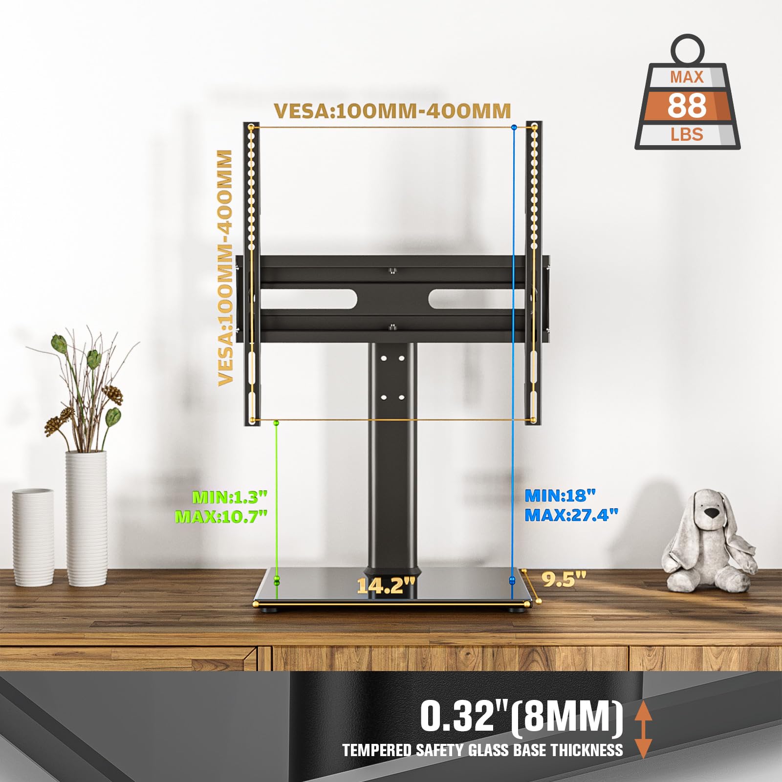 Hemuduplus Supporto TV da Tavolo, Staffa TV da 27 a 60 Pollici, Supporto TV Girevole 70º, 9 Livelli Regolabili in Altezza, Piedistallo TV Regge Fino a 40 kg, Staffa TV Max Vesa 400X400mm