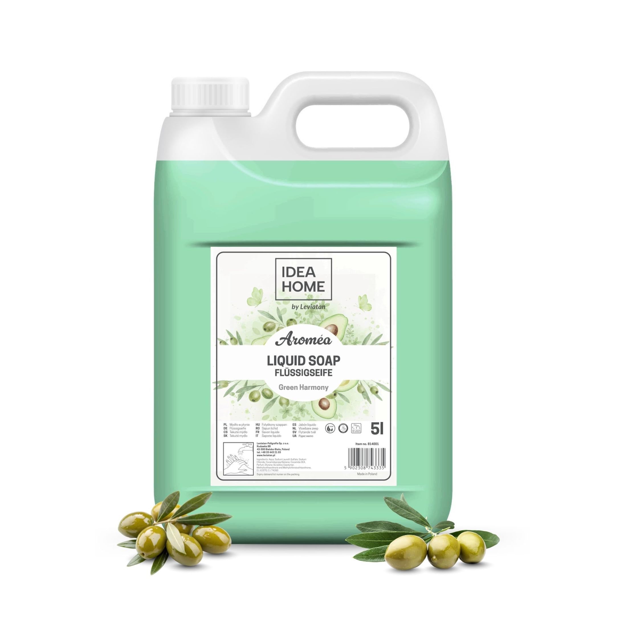 Idea Home Flüssigseife AROMÉA Green Harmony 5L Großpackung | Nachfüllkanister für Seifenspender & Dosierer | Pflegende Handseife mit Olivenduft