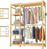 Homykic Bamboo Garment Rack: Heavy Duty Freestanding Closet with 7 Adjustable Shelves, Double Rods, 4 Hooks - 450 lbs Capacity, Natural Wood Organizer
