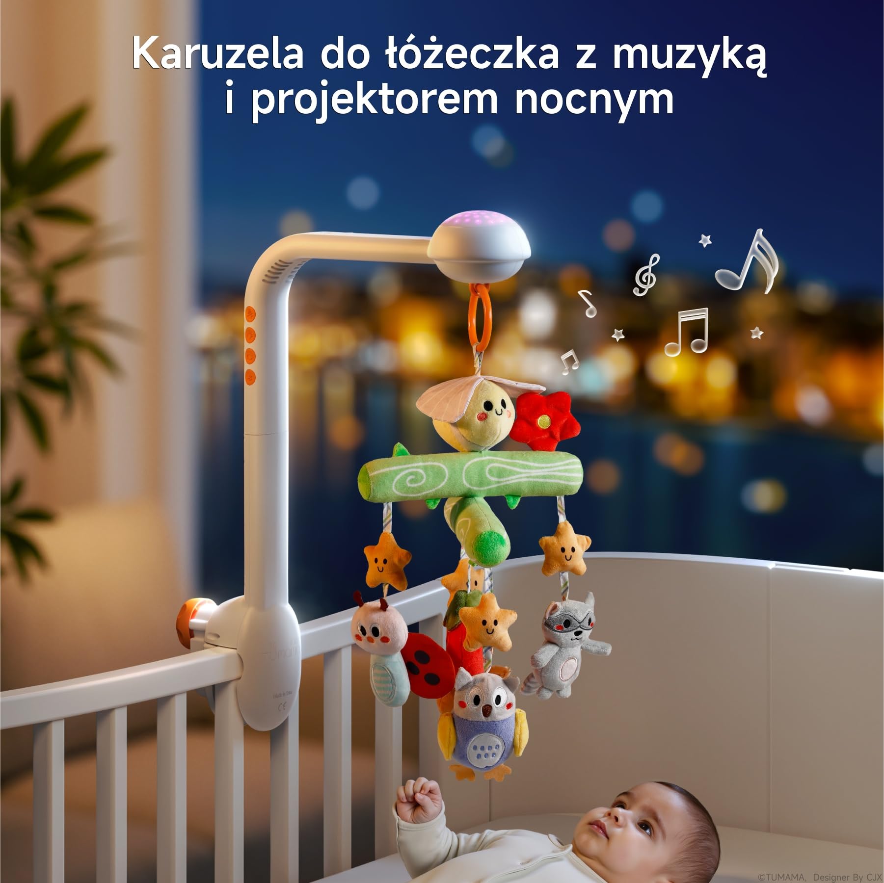 TUMAMA KIDS Mobilne łóżko muzyczne, lampka nocna z projekcją światła, zabawka dla niemowląt 0 3 6 9 miesięcy, mobilny pilot do łóżeczka dla dziecka sensoryczna zabawka na prezent dla urodzonych
