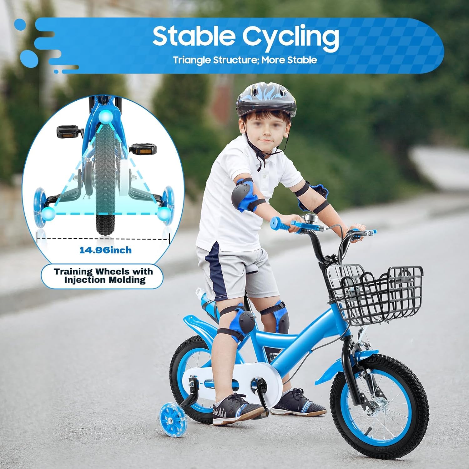 Bicicleta infantil de 12 pulgadas azul con ruedas estabilizadoras, altura ajustable para niños de 2 a 5 años con cesta, soporte de agua y freno doble para niños y niñas
