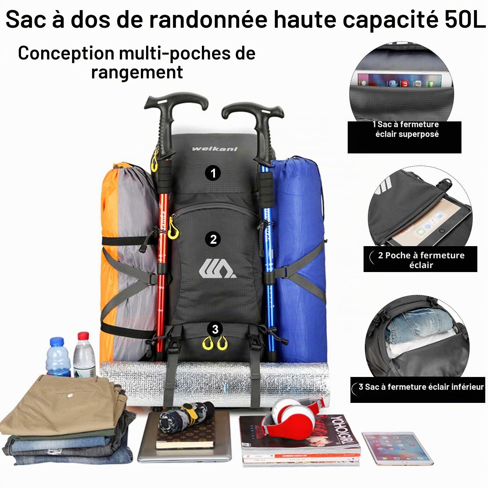 Sac à dos de Randonnée 50 L Homme et Femme, Grand Sac à dos étanche Noir avec Housse de Pluie pour Cyclisme, Randonnée, Camping, Alpinisme, Sports de Plein Air