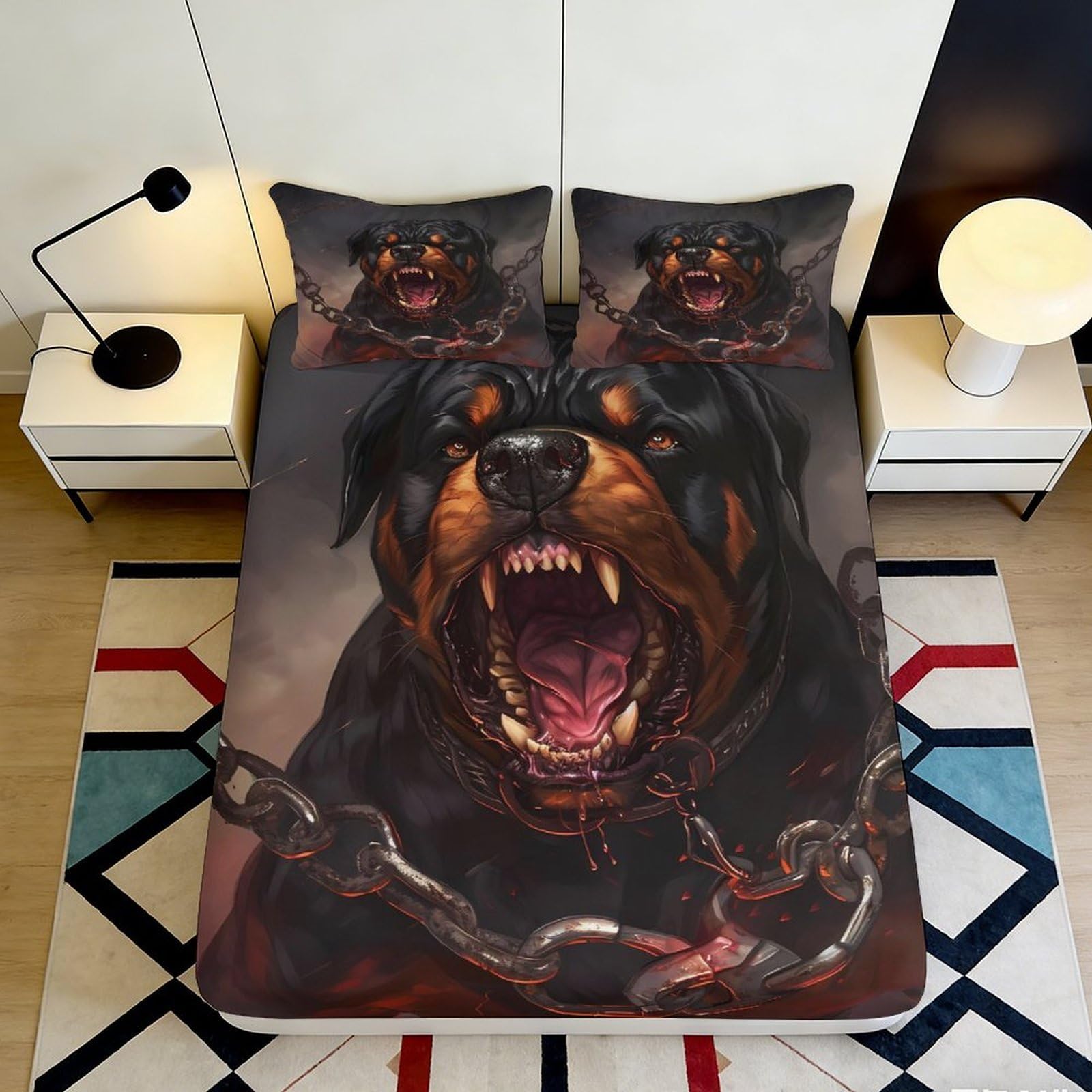 3D Printed Fierce Rottweiler Fitted Sheet Microfiber Soft Durable Aggressive Dog Bed Cover for Bedroom Dormitory Guest Room Mattress Protection 160x200x25cm