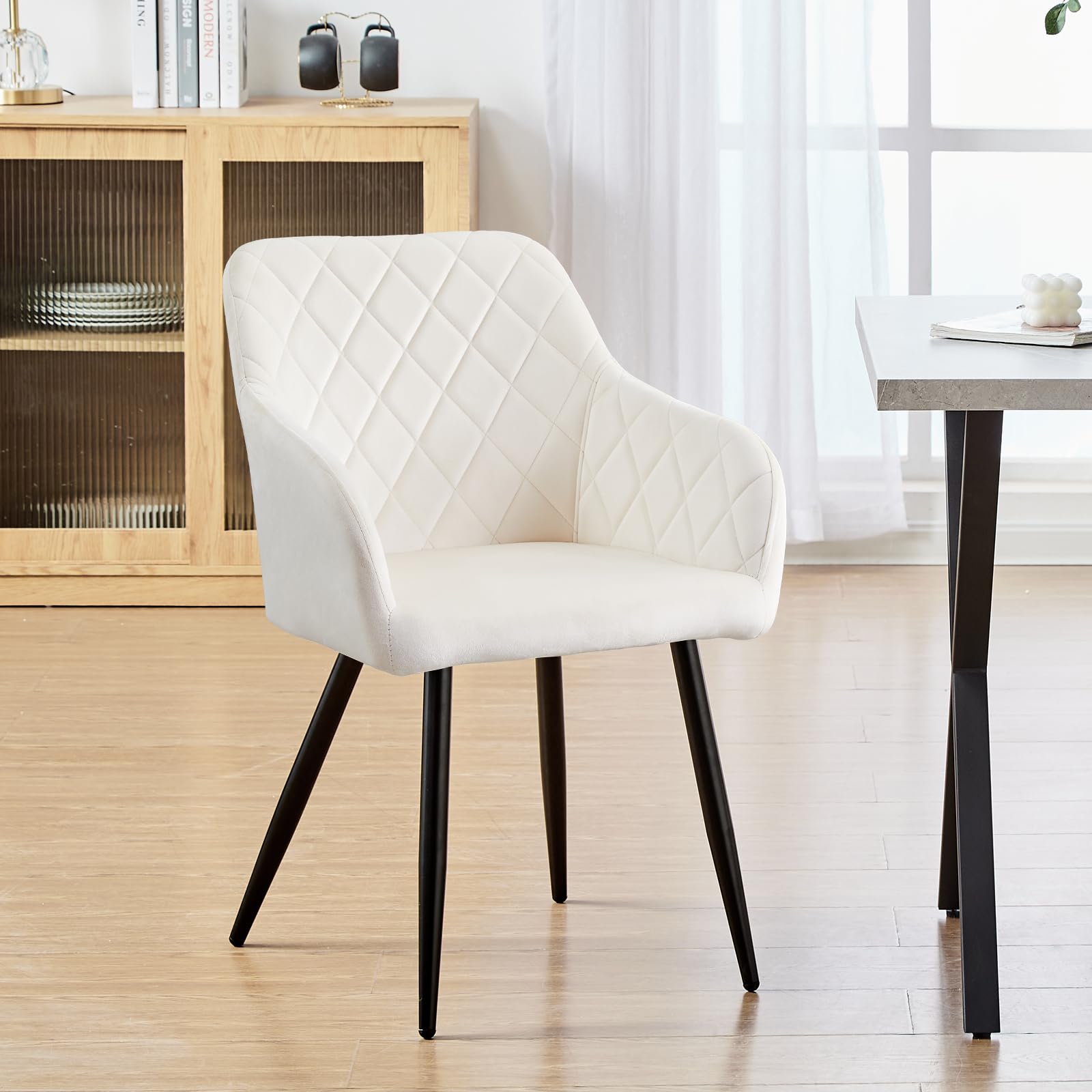 CLIPOP Dining Chairs with Arms and Metal Legs, Upholstered Armchairs for Living Room Dining Room Lounge, Velvet, Cream