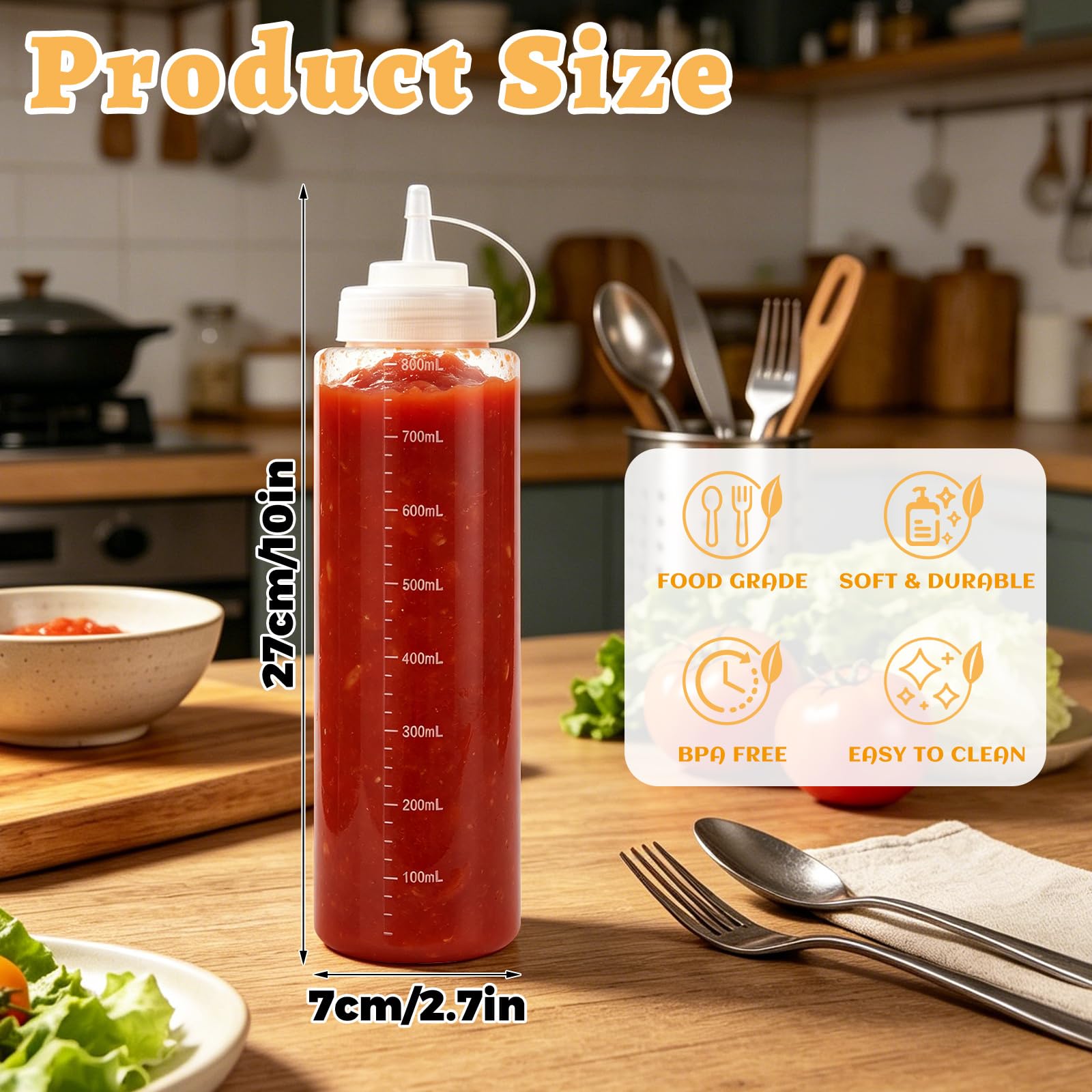 Confezione da 10 bottiglie da spremere da 800 ml | Bottiglie di plastica per condimenti con beccucci, imbuti e adesivi, per salsa di ketchup, insalata, barbecue, salsa