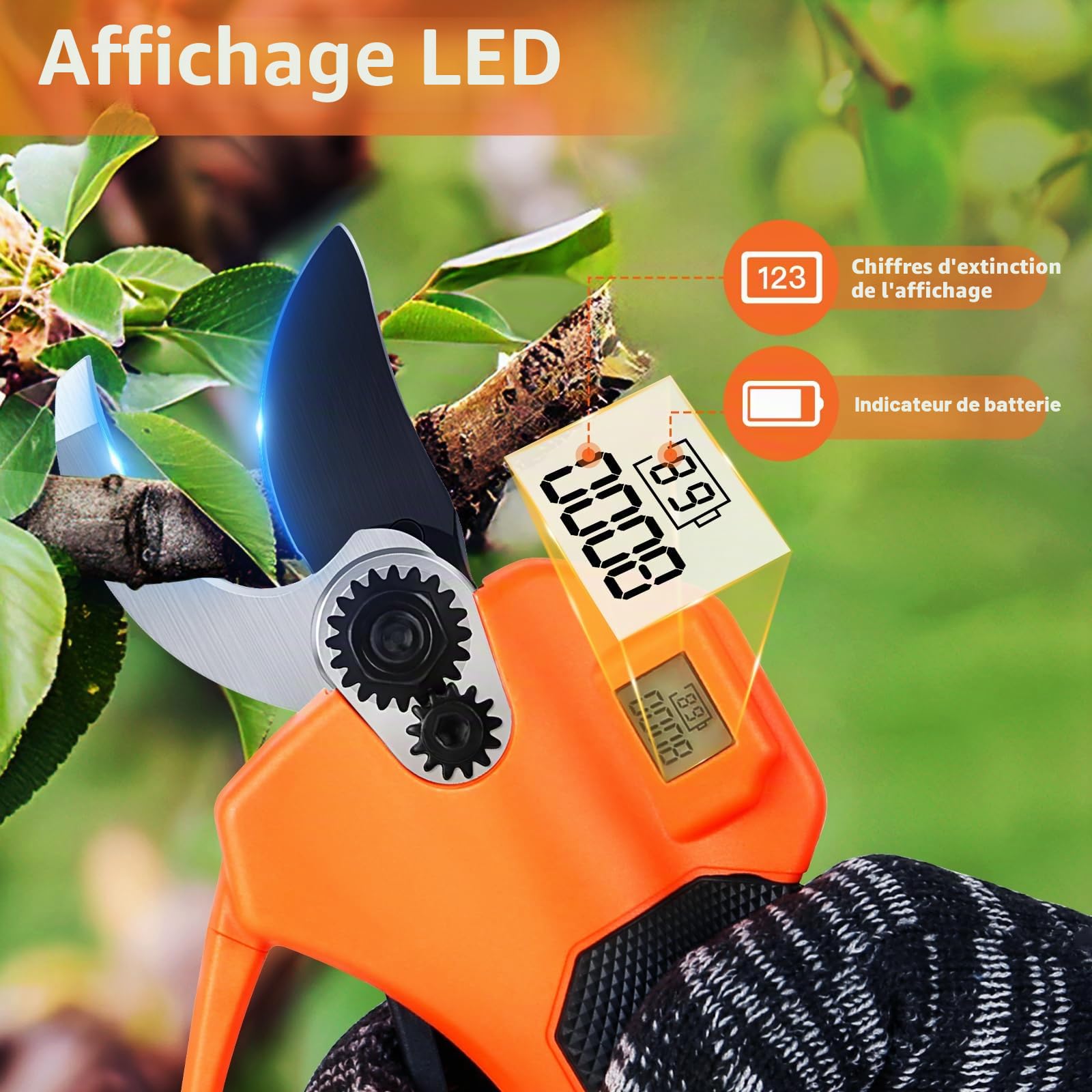 Sécateur électrique sans fil avec affichage LCD, Sécateur de jardin électrique portable avec 2 batteries de 2000mAh et lames SK5 max 40 mm, Sécateurs électriques professionnels pour l'élagage des