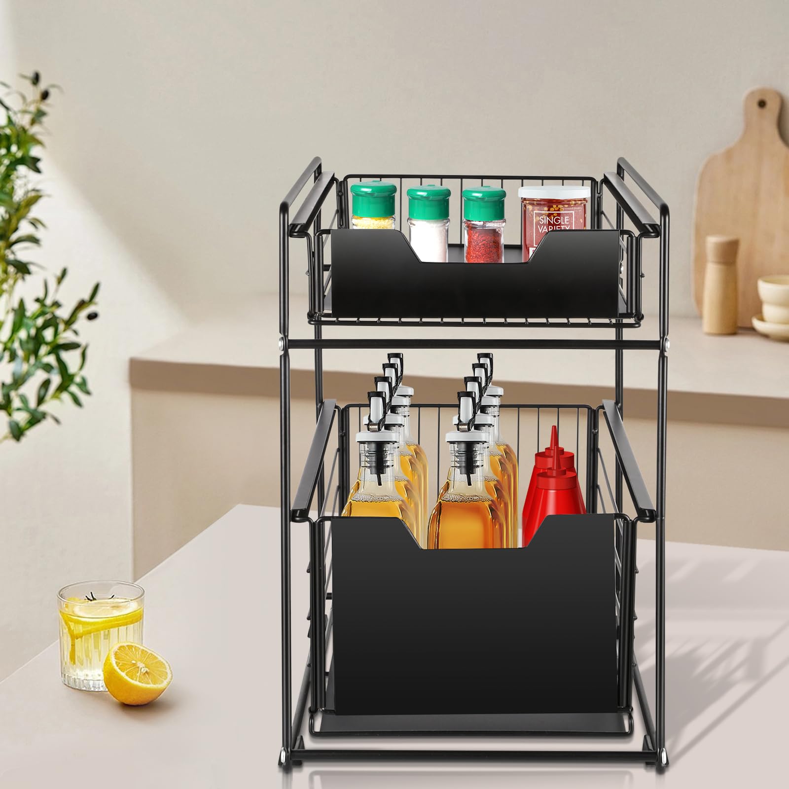 GLIT Unterschrank mit 2 Ebenen, Küchenregal, Schubladenschrank, Küchenorganizer mit 2 Schubladen, Aufbewahrungskorb für Küche, Speisekammer, Schlafzimmer, Gewürzhalter (Schwarz, 2 Stück)