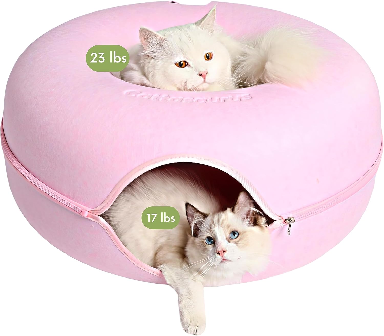 Cattasaurus Peekaboo Cat Cave for Multiple & Large Cats Up to 30-45 Lbs, Scratch Detachable & Washable Tunnel Bed, Comfy Donut Cat Cave (Pink, Large) Pink Large