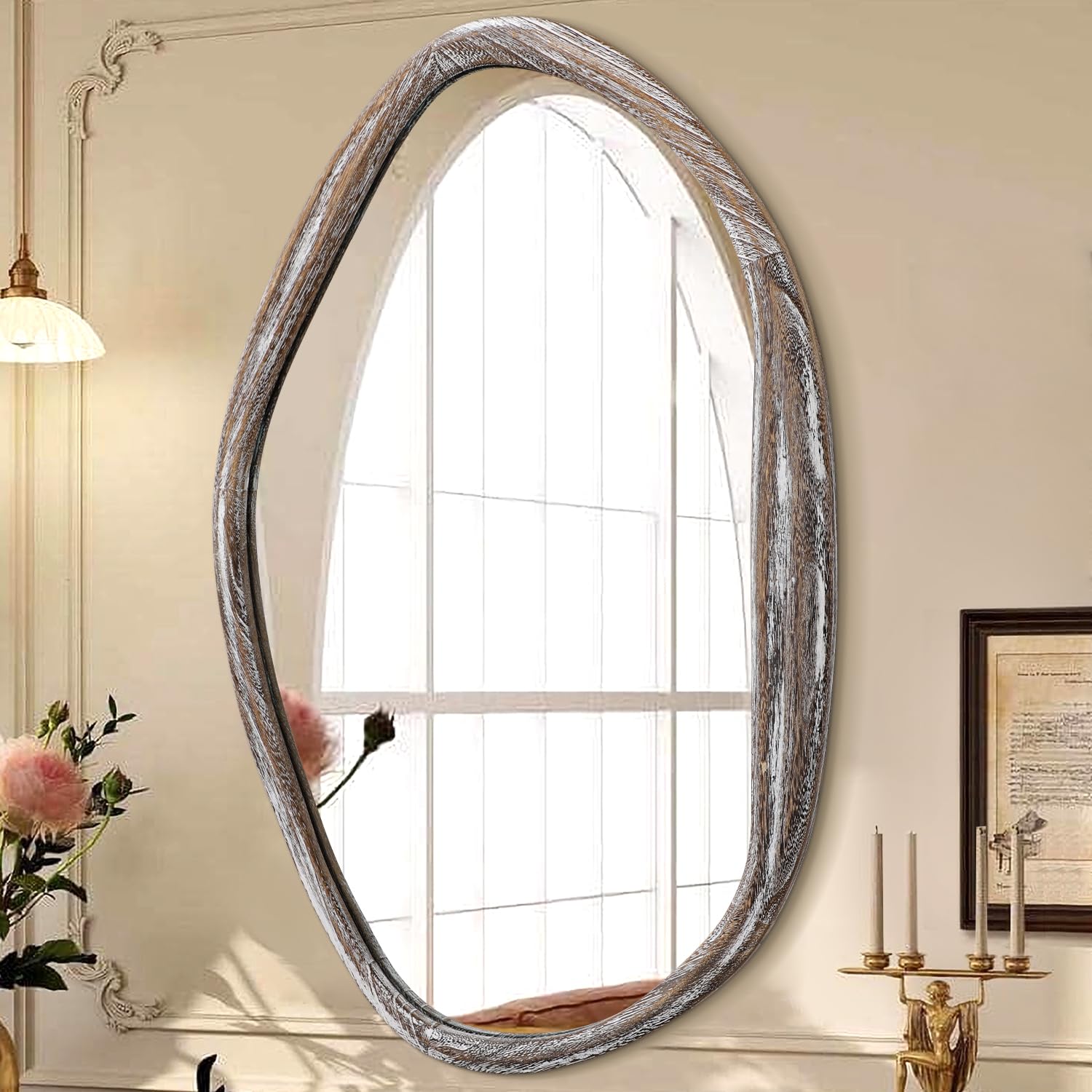 JJUUYOU Large Asymmetrical Mirrors Irregular Bathroom Wall Mirror 65x45 cm Wooden Frame Modern Decorative Mirror for Makeup Bathroom Living Room,Brown