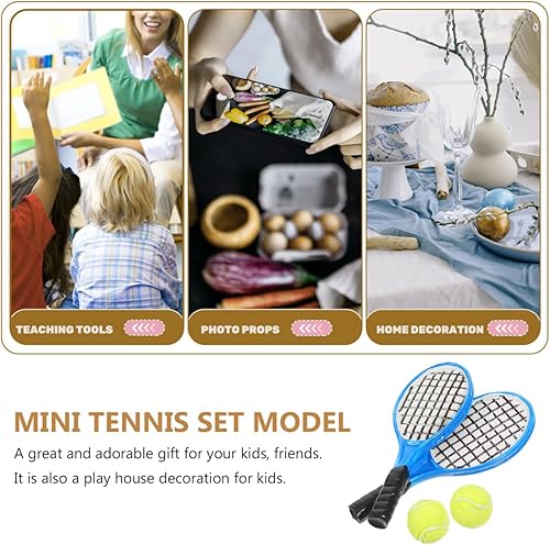 Miniatura 9 de Garneck 4 piezas de raqueta de tenis de simulación en miniatura y modelos de pelota, mini decoraciones de tenis, pequeños accesorios deportivos para