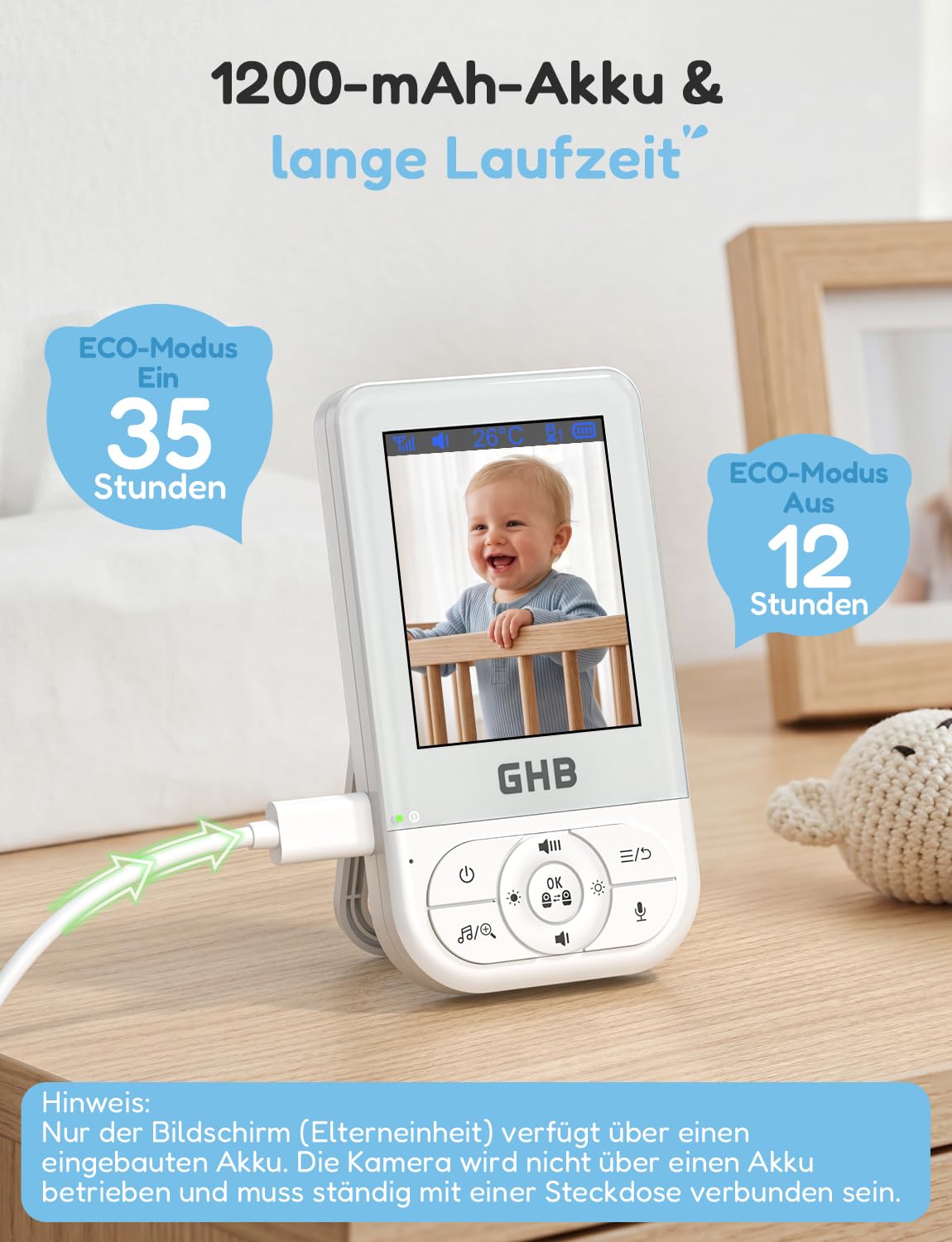 GHB Babyphone mit Kamera Baby Monitor 2,8 Zoll mit Nachtsicht VOX Schlaflieder Gegensprechfunktion Temperatursensor Max. 4 Kameras Unterstützt Weiß