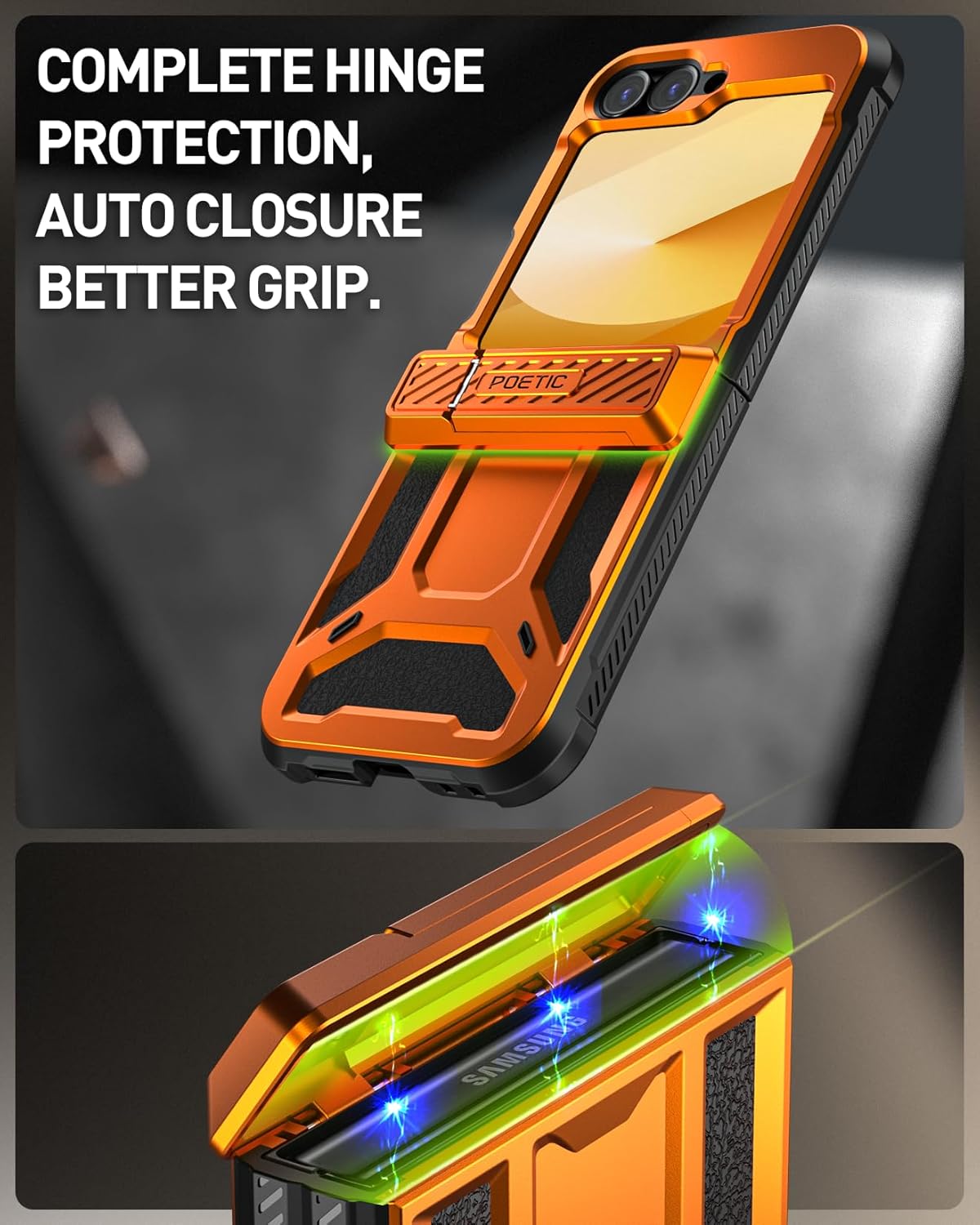 Poetic Spartan Case for Samsung Galaxy Z Flip 7 FE 5G (2025) and Galaxy Z Flip 6 5G (2024), [Kickstand][Built-in Screen Protector][Hinge Protection][20FT Drop Tested], Full-Body Cover, Metallic Orange