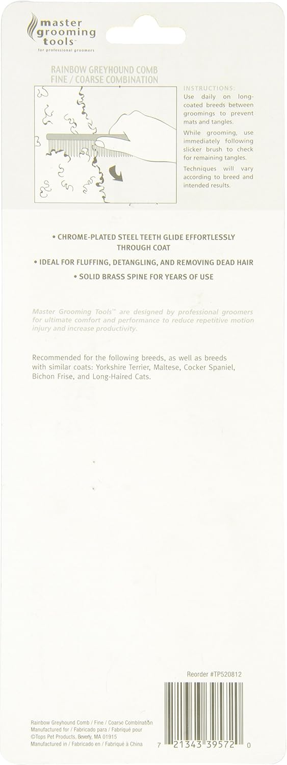 Master Grooming Tools Rainbow Greyhound Combs — European-Style Combs for Grooming Dogs - Fine/Coarse, 7½"