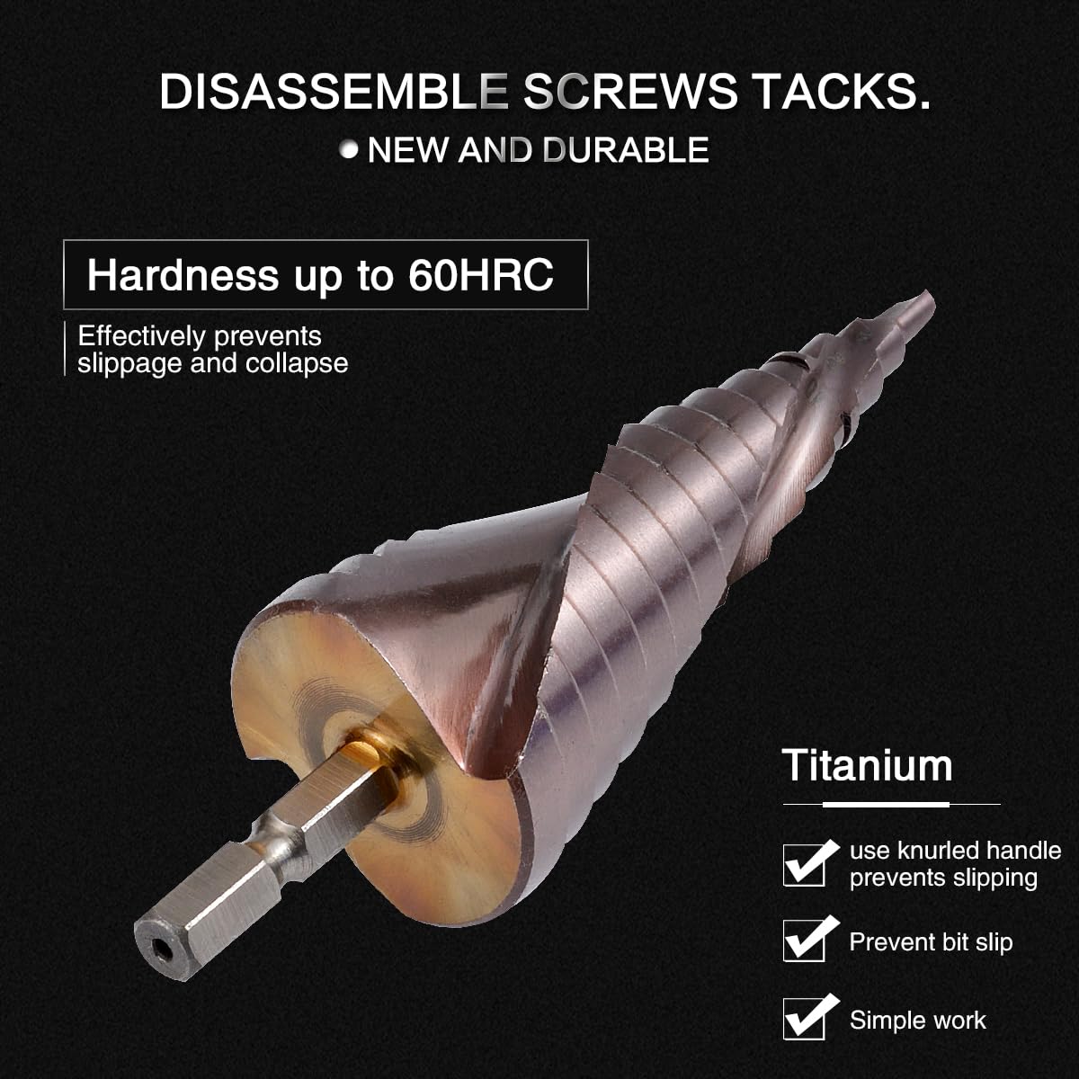 Broca Espiral Escalonada[4-32mm, 15 Pasos], HSS co M35 Recubierto de Titanio, 1/4'' Mango Hexagonal, Perforación de Acero Inoxidable, Metal Duro, Plásticos, Madera, Hierro Fundido, Aluminio