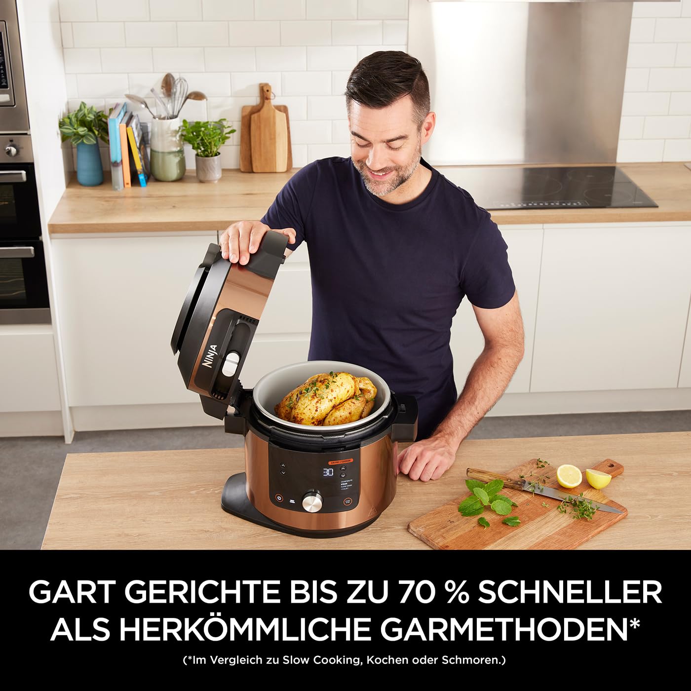 Ninja Foodi MAX Multikocher mit SmartLid, 7,5L, 12-in-1 Multicooker, Pressure Cooker Schnellkochen, Air fryer Heißluftfrittieren, Slow Cooker Langsamkochen, Kupfer/Schwarz, Amazon Exklusiv, OL650EUCP
