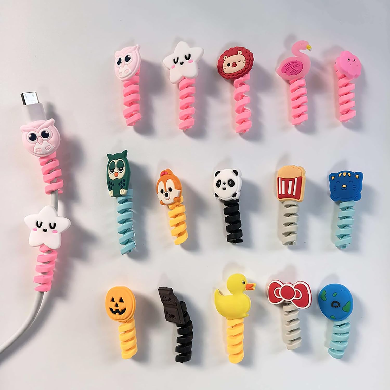 Cute Cartoon Animal Cable Protectors, 15 Pack Spiral Silicone Charger Cord Savers, Anti-Fray & Anti-Break Wire Protectors for USB-C Micro-USB Lightning Cables, Colorful Flexible Cable Decorations