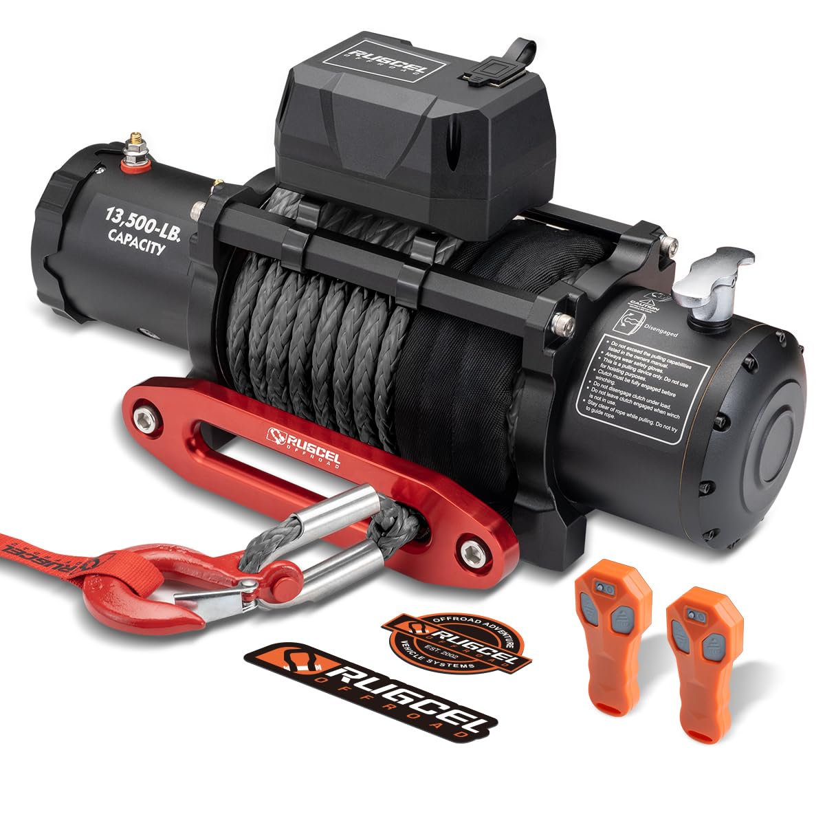 RUGCEL WINCH 13500lb Waterproof Electric Truck Winch 12V Synthetic Black Rope Winch with Hawse Fairlead,Wired Handle and 2 Wireless Remote,for Trailer and Wrangler in Car Lift