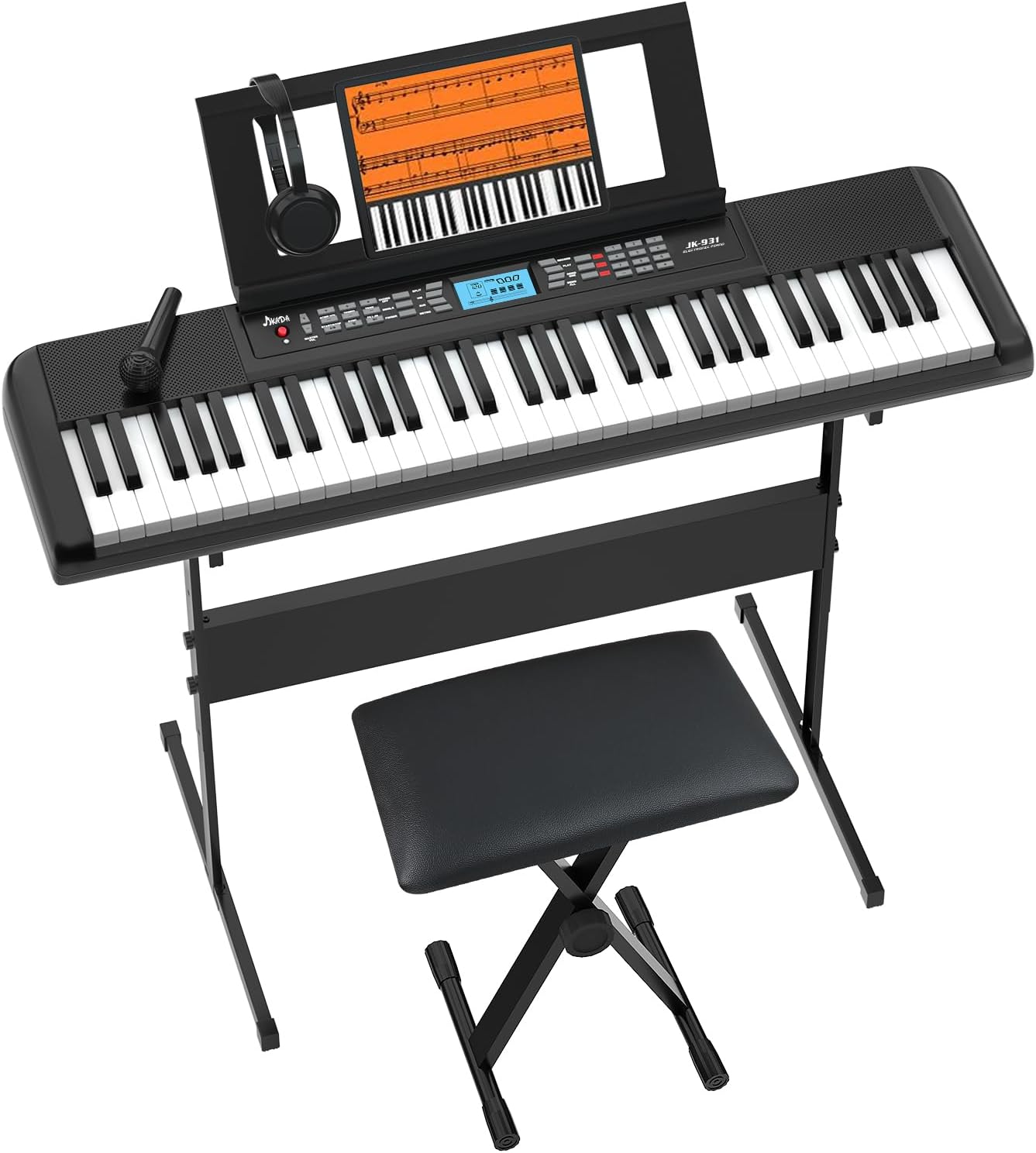 61 Key Electronic Keyboard Piano with 300 Timbres, 300 Rhythms | 61 Key Compact Electric Piano Keyboard w/LCD Screen, Built-In Speakers, Headphones, Stand, Stool, Music Rest, Microphone