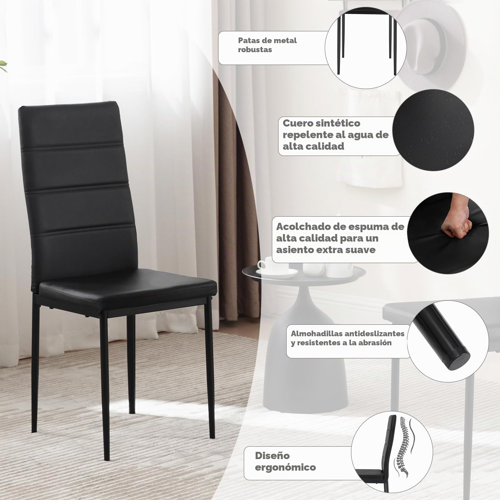 WOLTU Juego de 4 Sillas de Comedo,Piel Sintética,Negro | Respaldo Alto, Tapizadas, con Patas de Metal, para Comedor, Salón, Dormitorio