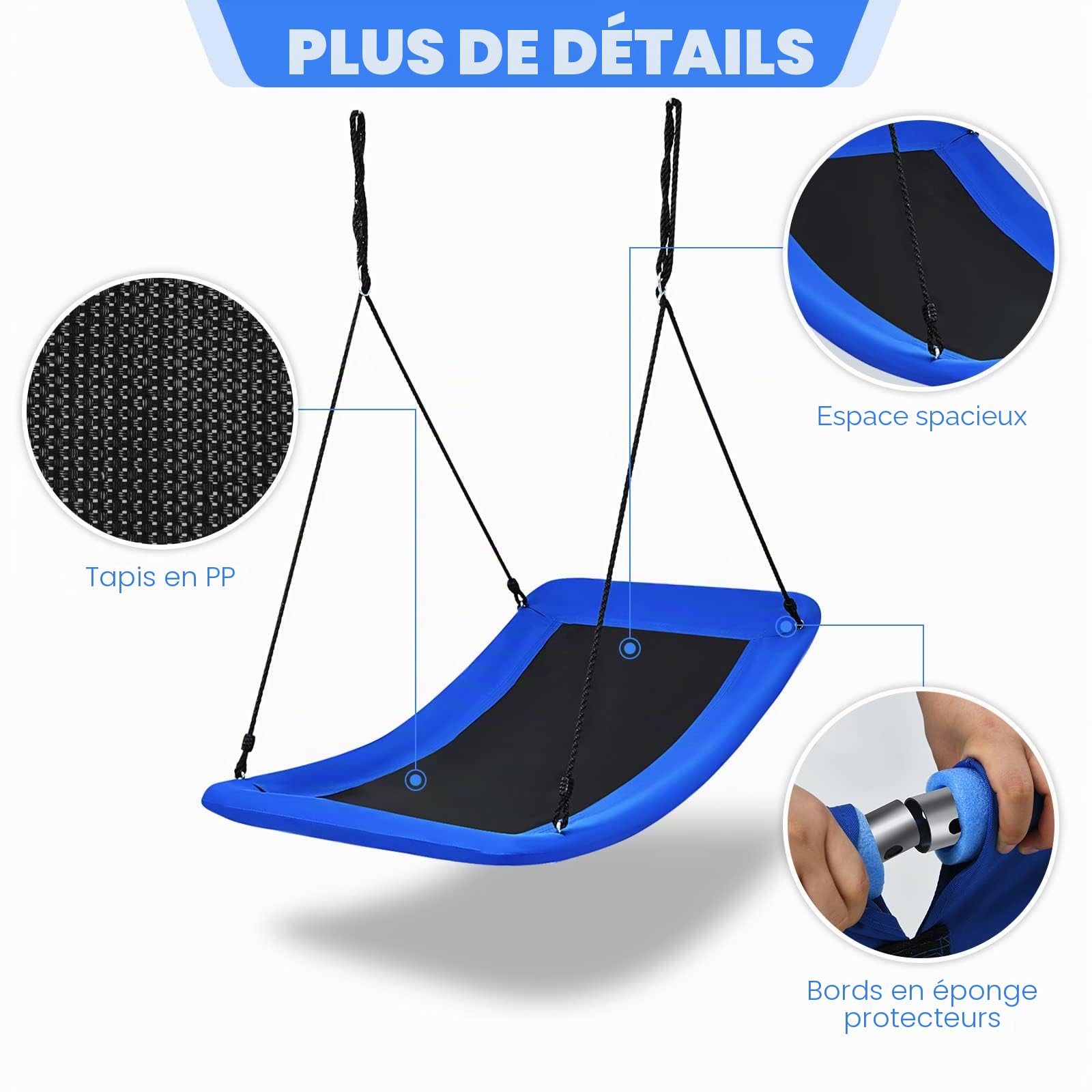 KOMFOTTEU Balançoire Nid d'Oiseau, réglable en Hauteur, Balançoire d’Extérieur pour Enfant, Charge de 150 kg, Balançoire Suspendue rectrangulaire, en Tissu Oxford, 150 x 80 cm (Bleu)