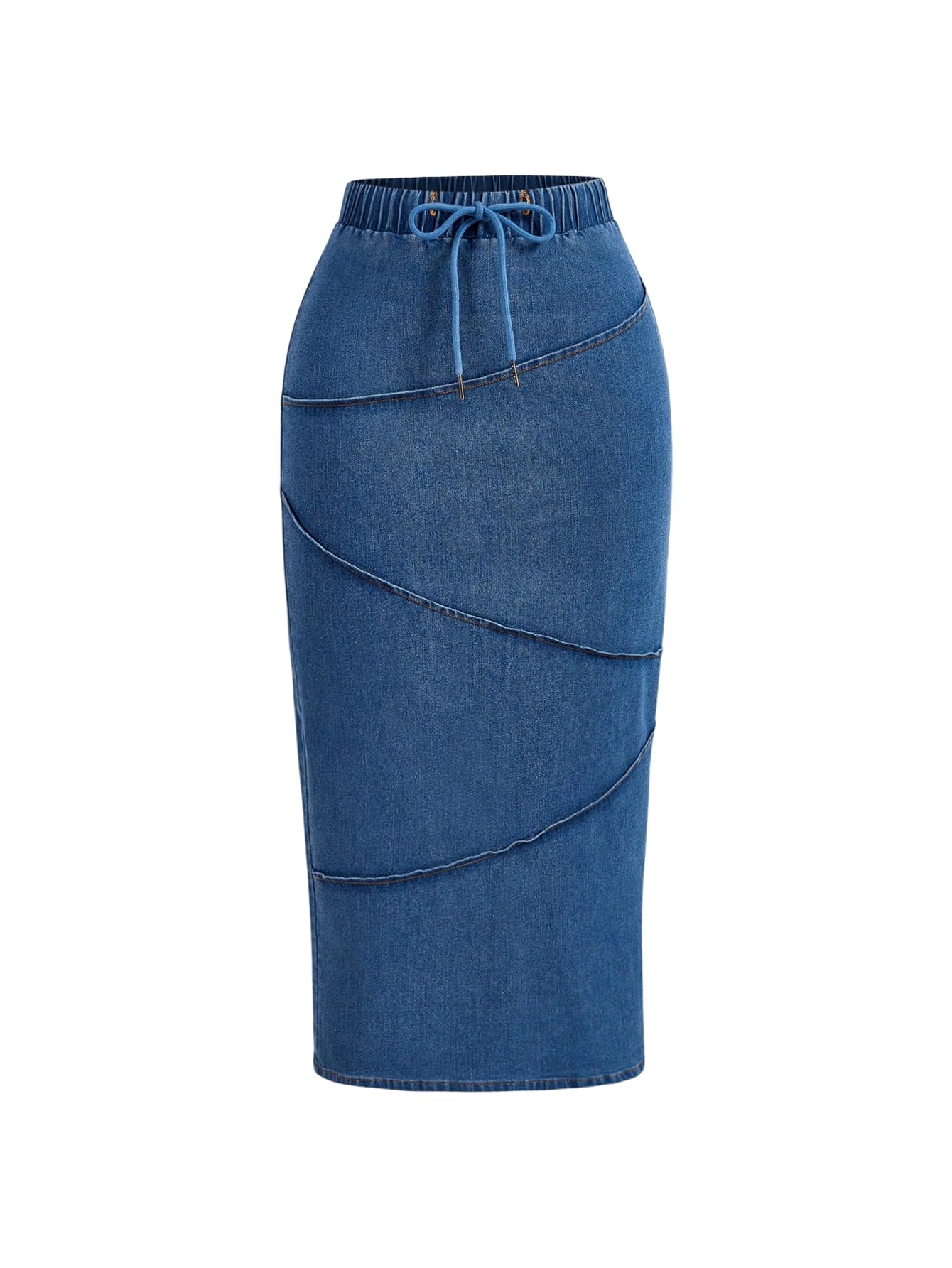 WDIRARA Womens Drawstring Waist Bodycon Denim Skirt Slit Side Midi Pencil Jean Skirts