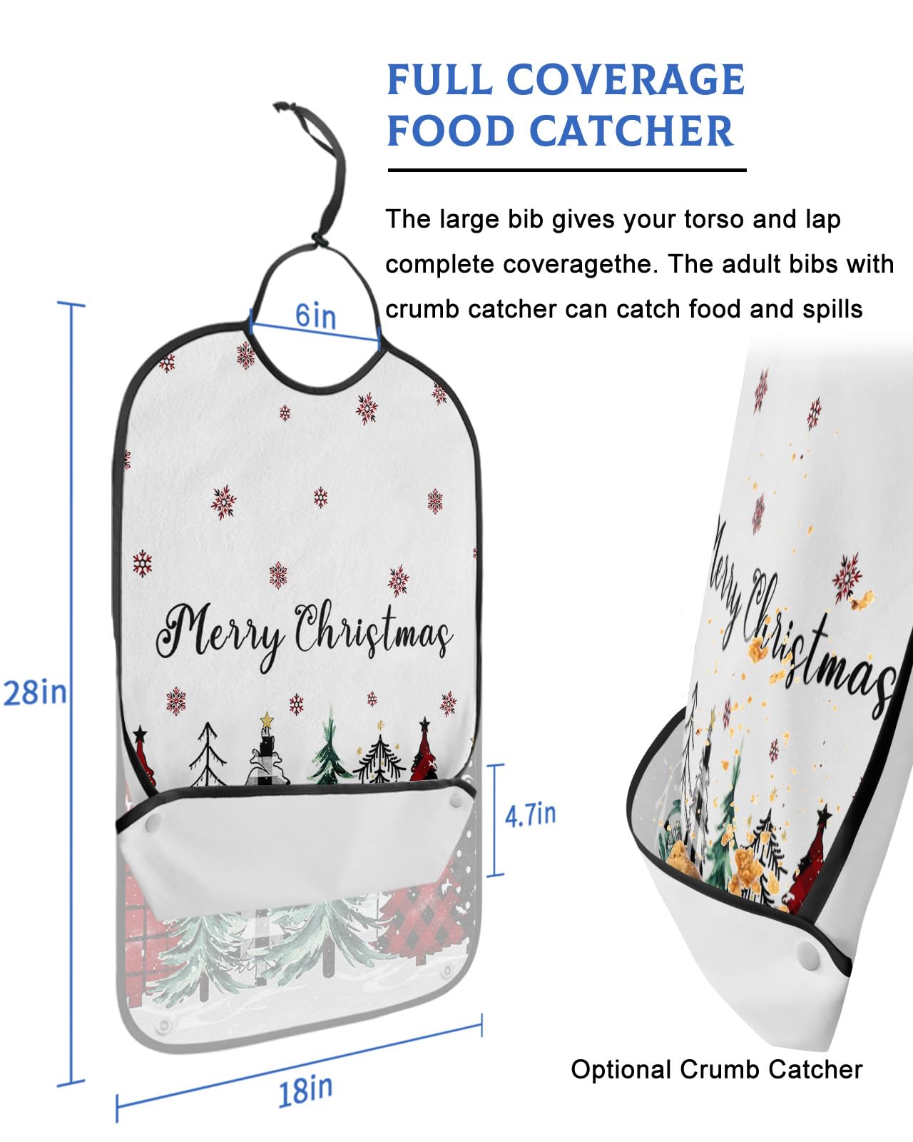 Buffalo Plaid Tree Adult Bib for Adults Men, Women, Washable & Adjustable Terry Cloth Bib with Crumb Catcher Reusable Waterproof Clothing Clothes Protector Apron Christmas Red Green Black Dots