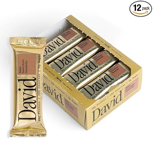 David High Protein Bars No Sugar - Sugar Free Protein Bars, Low Carb, Gluten Free - 28g of Protein, 150 Calories - David Bar On-The-Go Snack - Salted Peanut Butter Flavor, Pack of 12