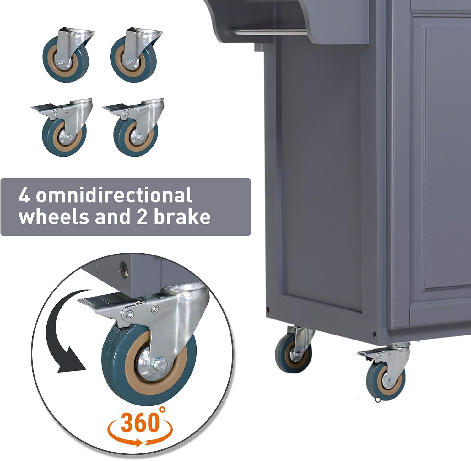 HOMCOM Rolling Kitchen Island on Wheels Ultility Cart with Drop-Leaf and Rubber Wood Countertop, Storage Drawer, Door Cabinet, Grey
