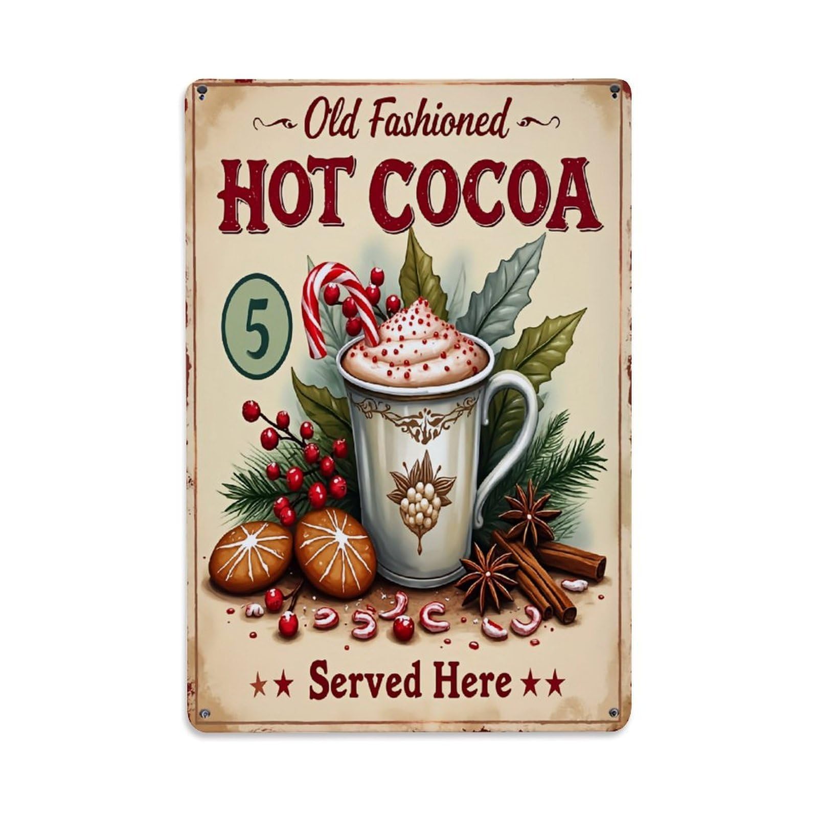 Hot Cocoa Mug With Whipped Cream And Candy Cane Retro Metal Tin Sign, Vintage Decor Art Poster for Bar, Home, Man Cave, Kitchen, Laundry Room Gift 8x12Inch