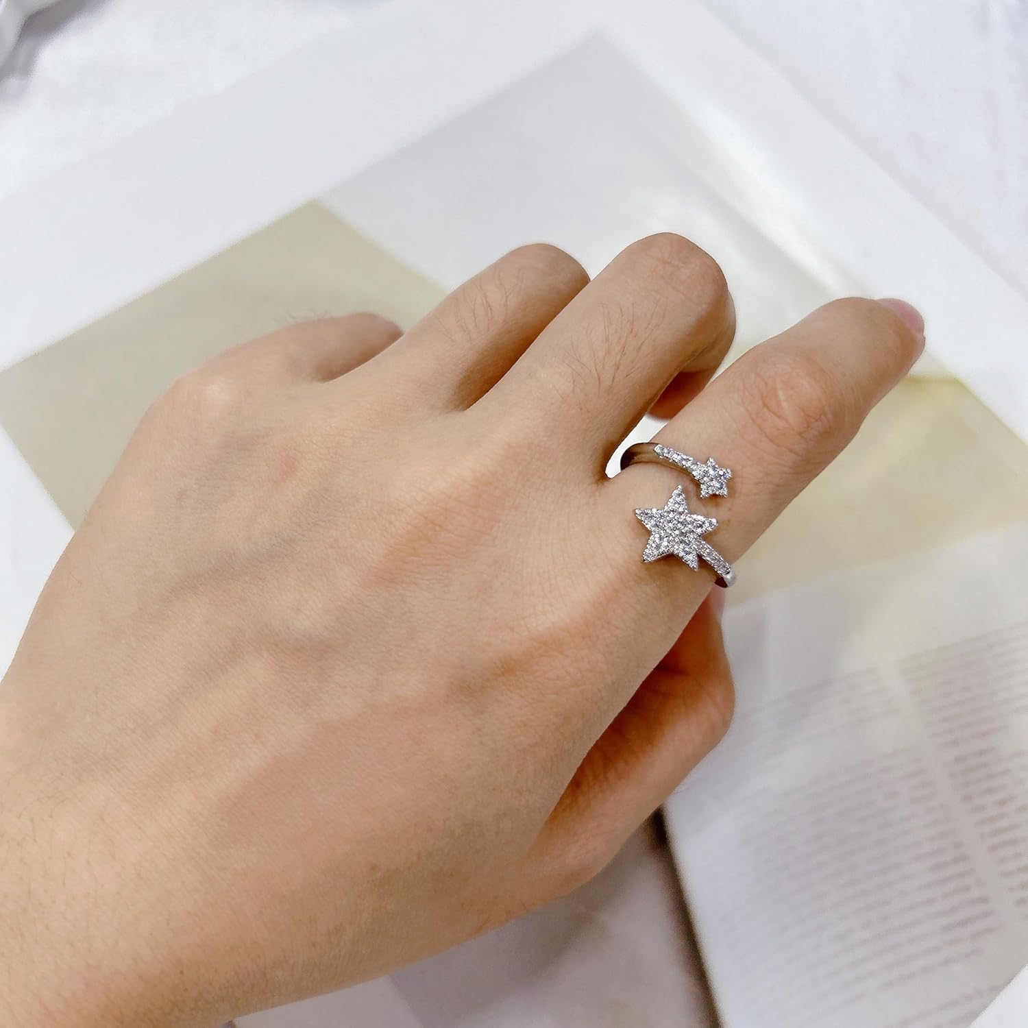 Dainty Star Wrap Open Engagement Ring For Women Sparkly Cubic Zirconia Fashion Adjustable Finger Knuckle Statement Rings CZ Expandable Silver Lucky Stars Stacking Middle Band Wedding Promise Party Jewelry Gifts - Image 5