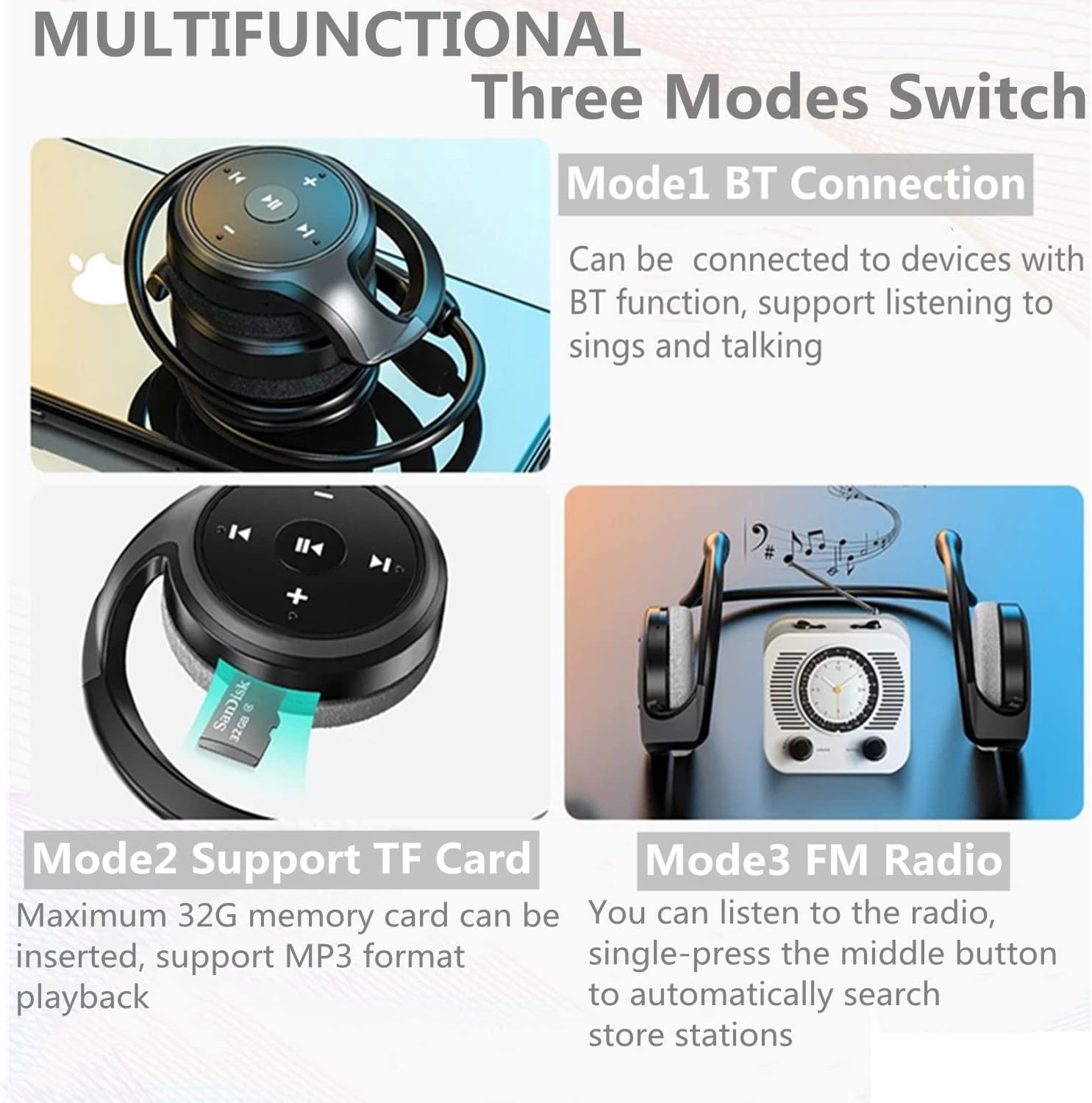 Three modes switch: Bluetooth, TF Card, FM Radio