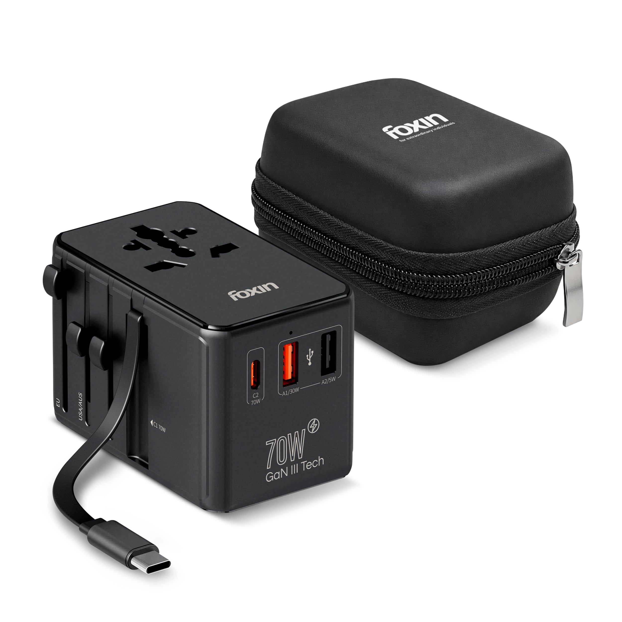 Foxin Rover 70 All in One Worldwide Travel Adapter 70W GaN Fast Charger, Retractable 90cm Type-C Cable, 2 USB-C, 2 USB-A, International 9 Hole 2500W Universal AC Socket, Compatible in 200+ Countries-image-12