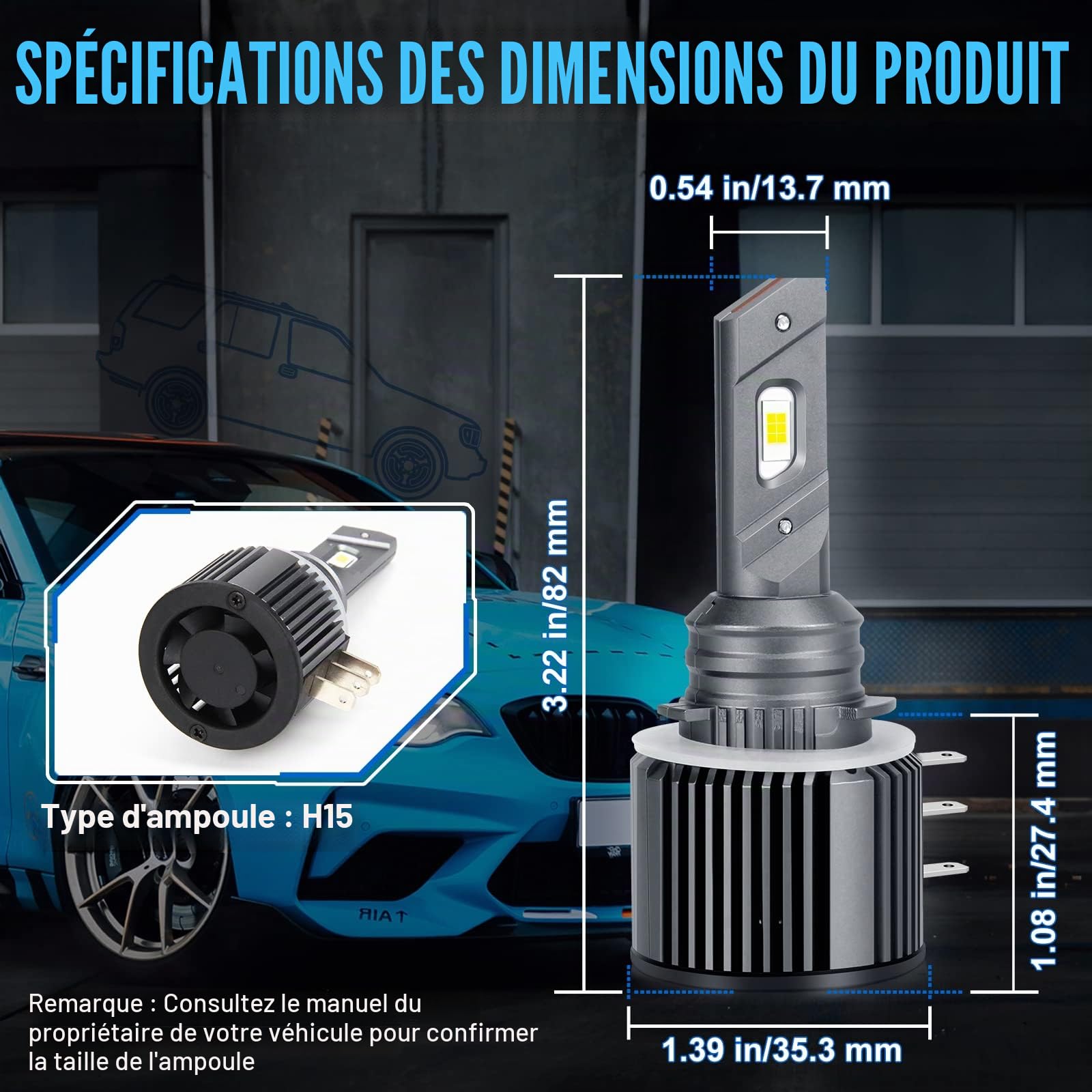 Lot de 2 ampoules de phare à DEL H15, 70 W, 8 000 lumens, extrêmement lumineuses, avec ventilateur, étanchéité IP67, prêt à l'emploi, 6 500 K, blanc