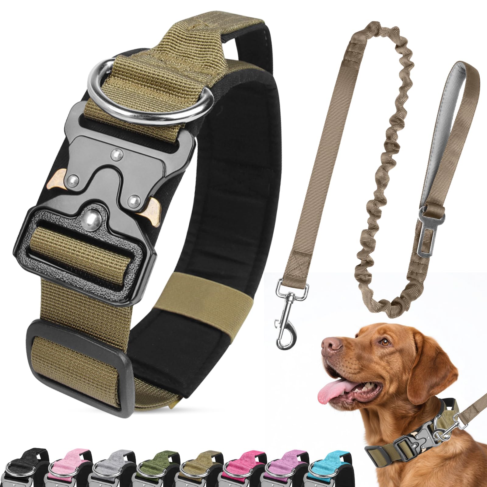 Ledeak Tactical Dog Collar and Leash Set, Heavy Duty Padded Dog Collar with Metal Buckle, Military Adjustable Nylon Pet Collars with Handle for Medium Large Dogs Training (Khaki, M)