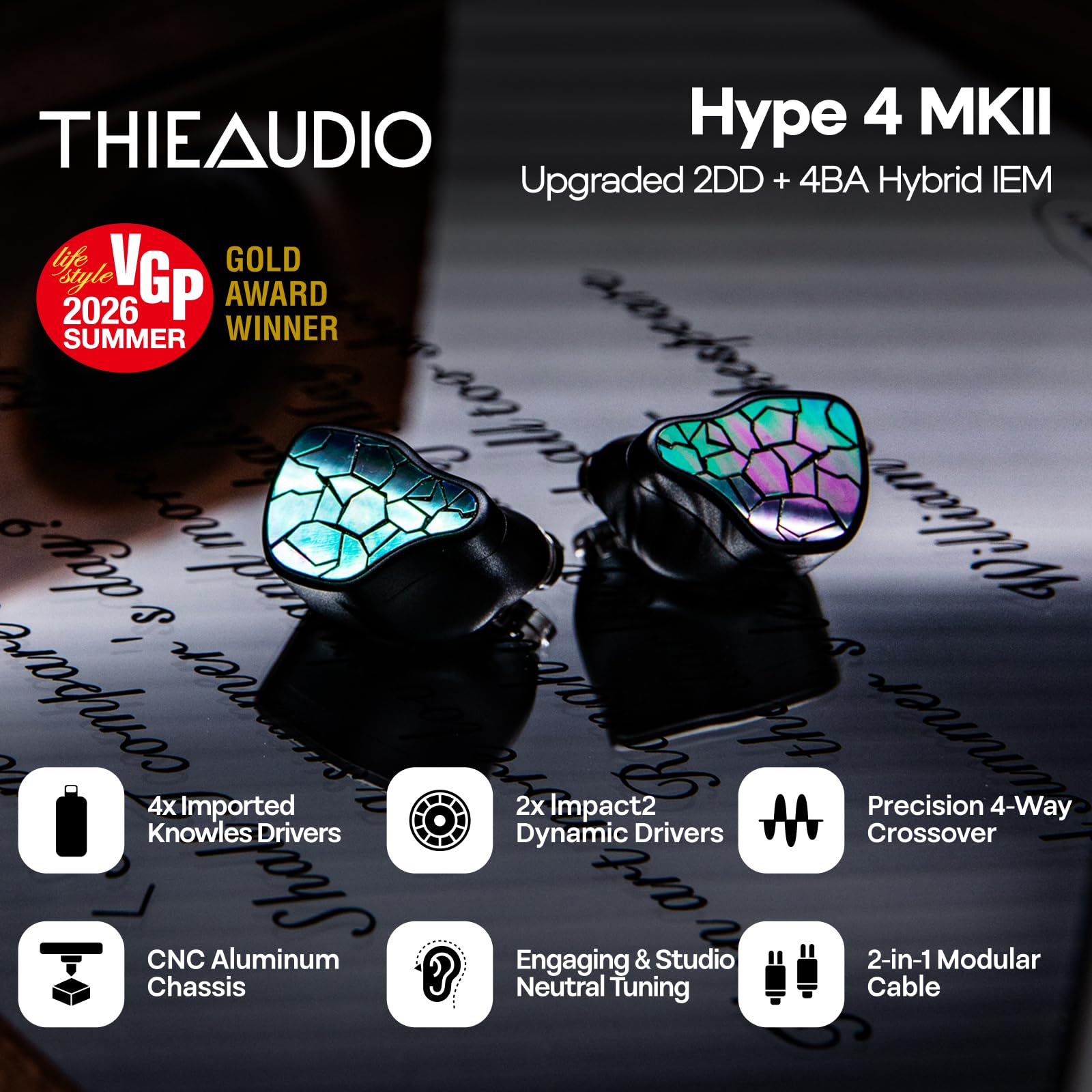 Linsoul THIEAUDIO HYPE 4 MKII 2DD + 4BA In Ear Monitor Híbrido,Auriculares IEM HiFi con Cable,Afinación Neutral y Atractiva,Audífonos Gaming de Aluminio CNC con Cable Modular de 3,5/4,4mm para Músicos