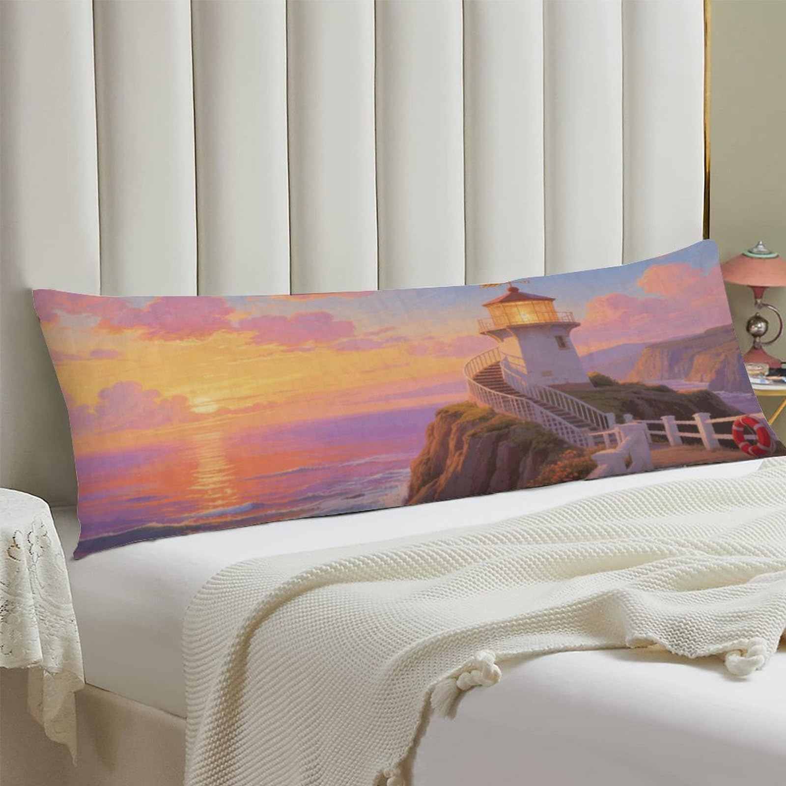 Body Pillow Cover 20x54 Long Pillow Case with Invisible Zipper Breathable Microfiber Sunset Lighthouse Pillowcase Soft Cozy Protector for Bedroom Couch Sofa Bed Home Decor All Seasons