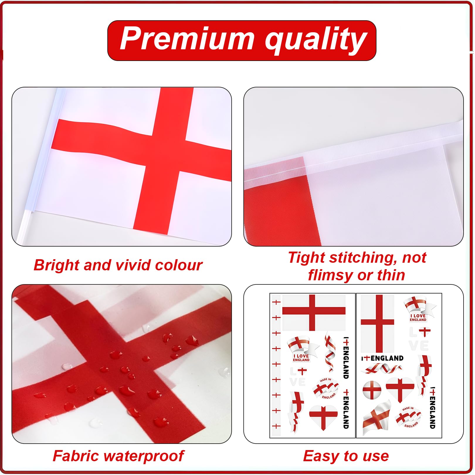 St George Bunting Flags 10m 20pcs Large Square Flags 22x30cm with 6 Hand Waving England Flag and 2 Tattoos St Georges Day Decorations England Flag Bunting for Football Rugby World Cup Outdoor Party - 3